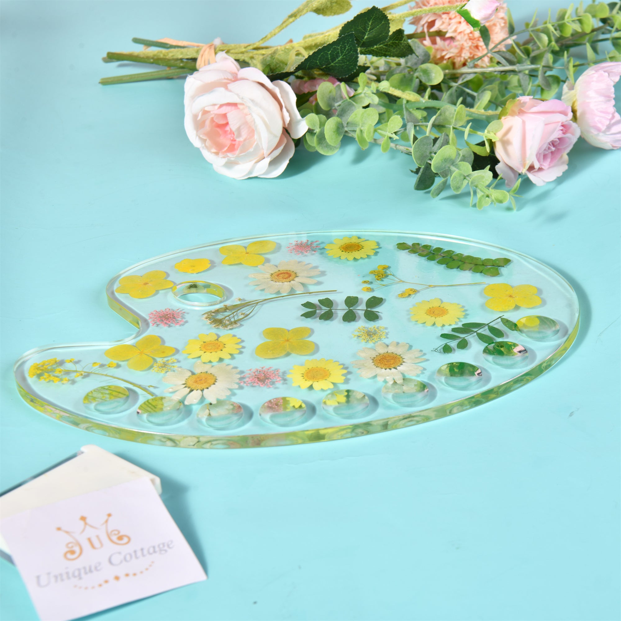 Yellow Pressed Flowers Resin Paint Palette,Handmade Creative Tool&Supplies Artist/Teacher