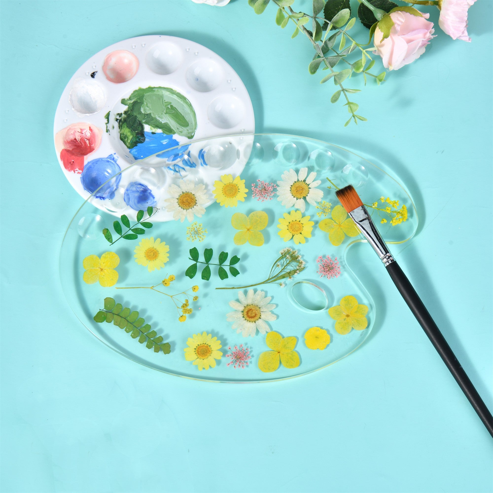 Yellow Pressed Flowers Resin Paint Palette,Handmade Creative Tool&Supplies Artist/Teacher