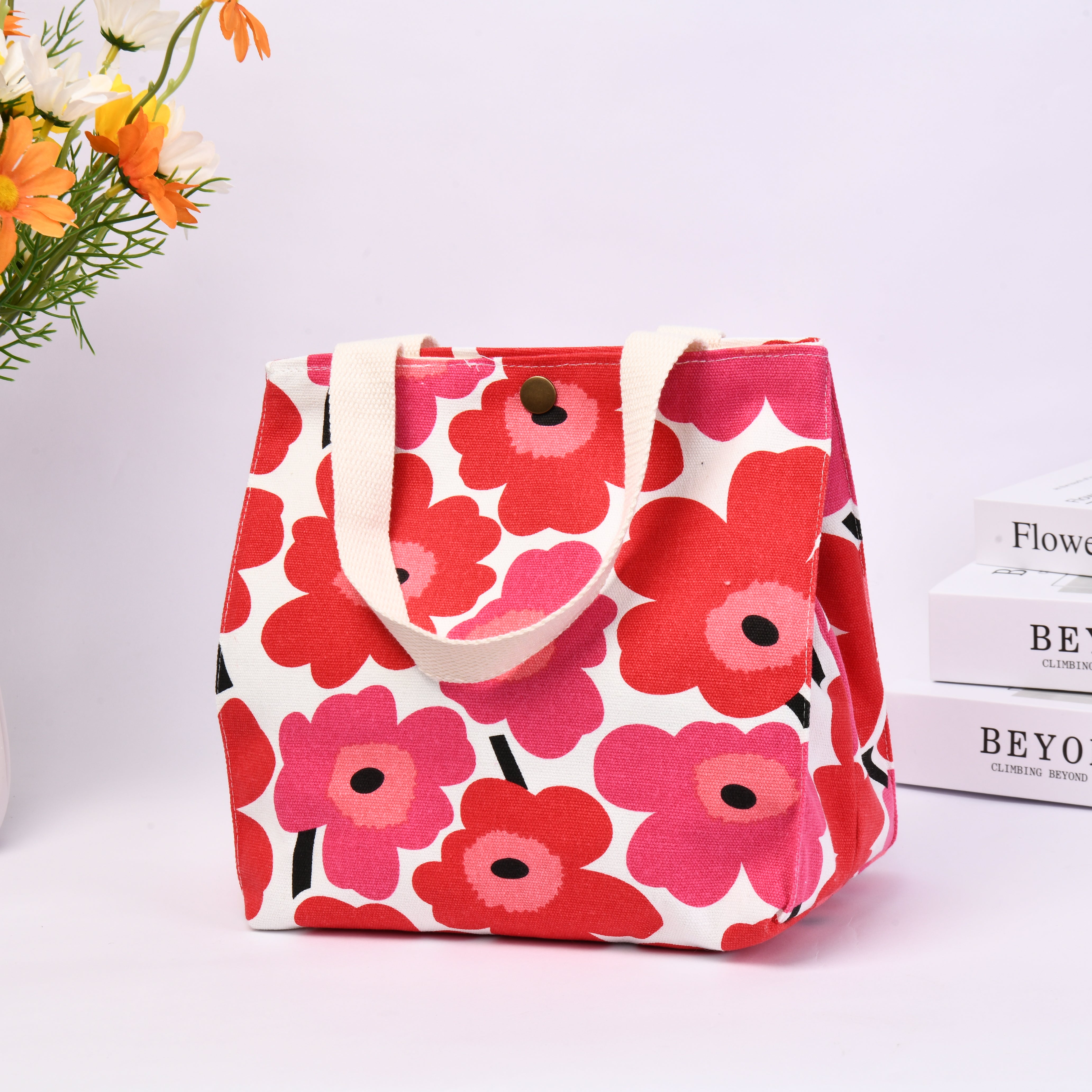 Fabric Handbag Purse,Large Flower Zipper Lunch Tote,Perfect for Work,Pinic,Back to school