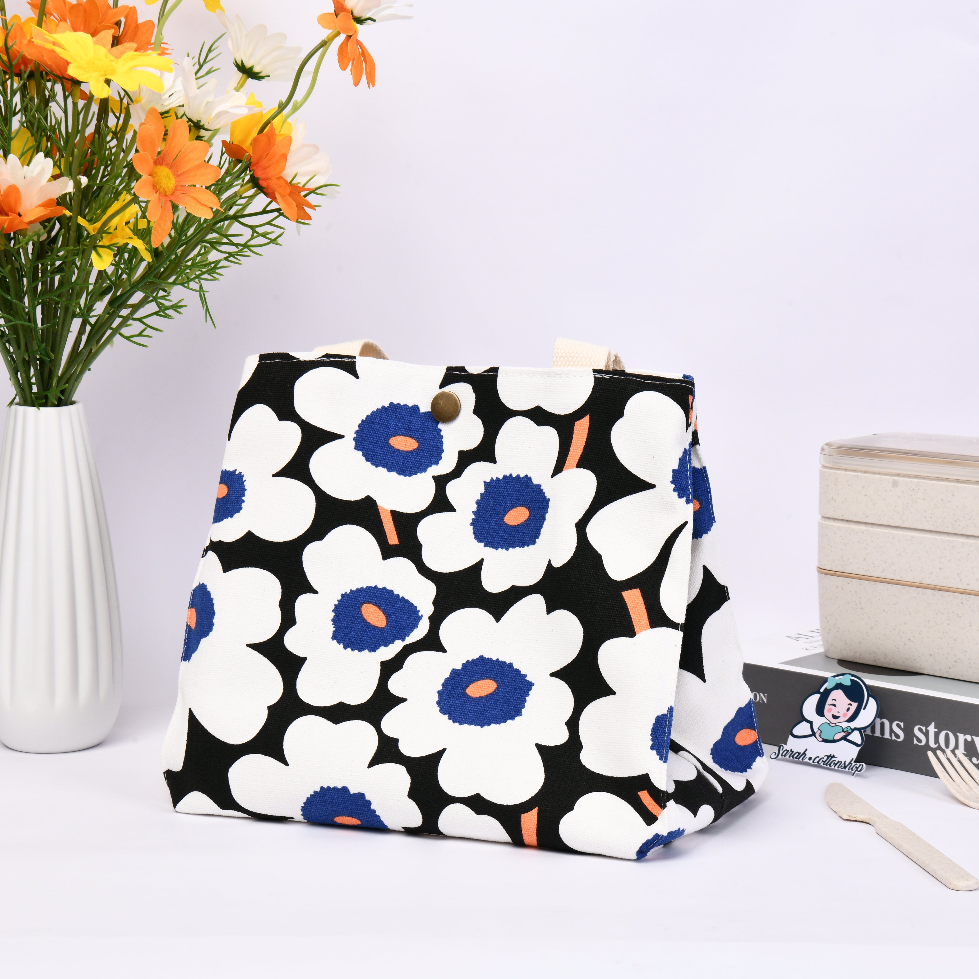 Fabric Handbag Purse,Large Flower Zipper Lunch Tote,Perfect for Work,Pinic,Back to school