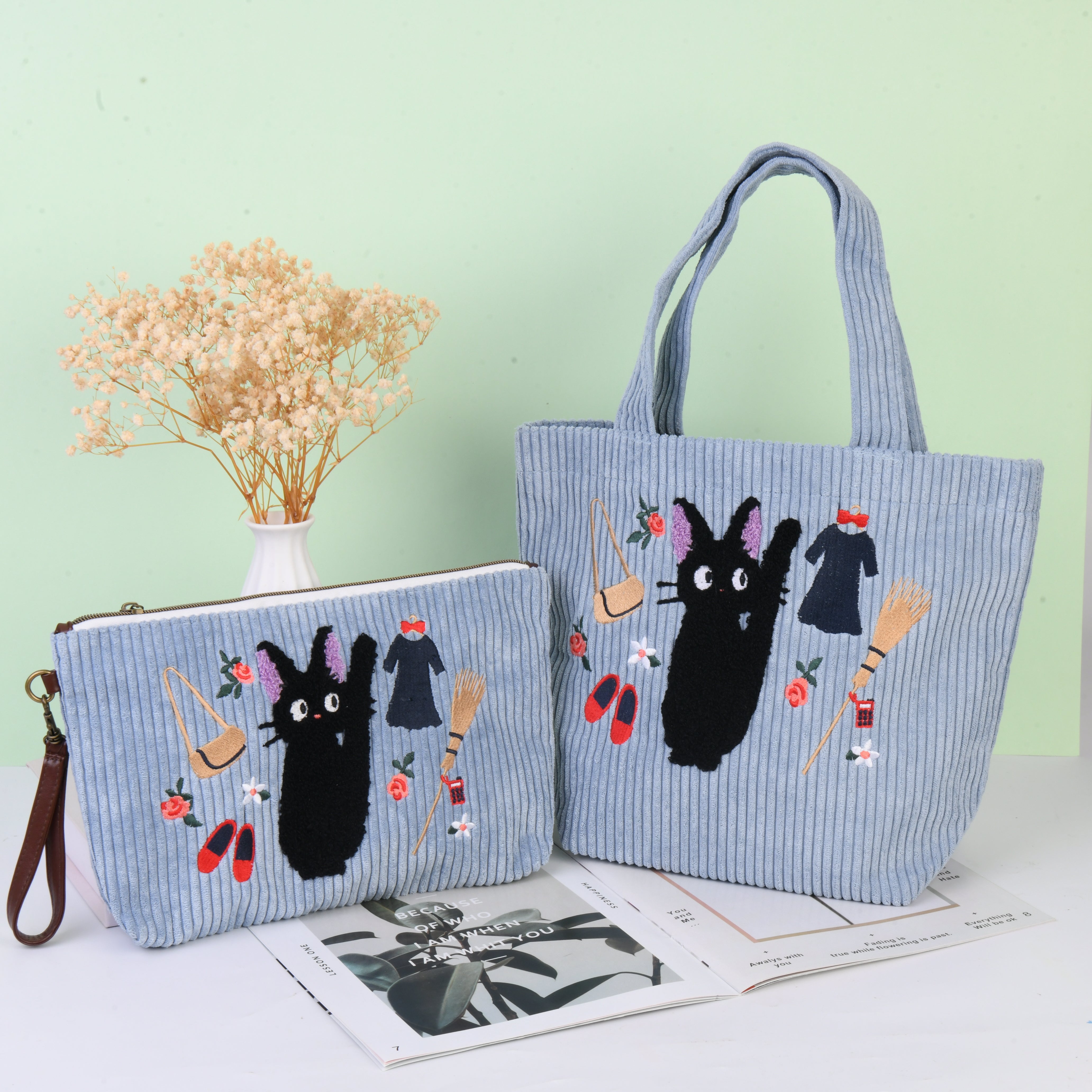 Cute Cartoon Corduroy Embroidered Totes/Makeup Bag