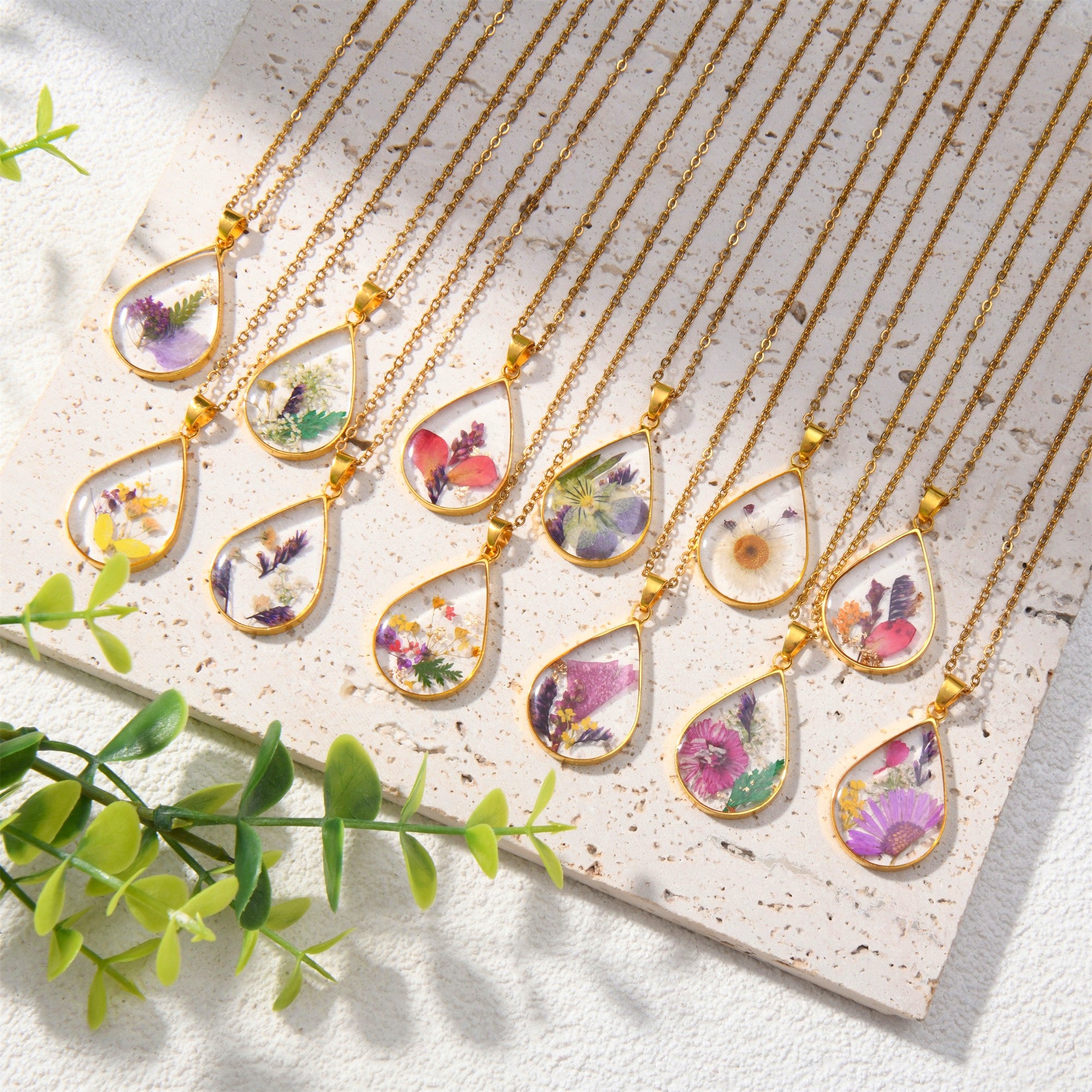 Gold/Silver Birth Month Flower Necklace,Real Dried Flower Teardrop Necklace