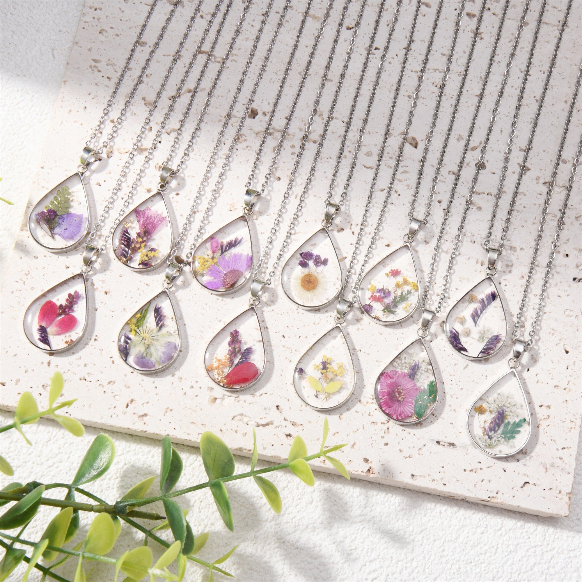 Gold/Silver Birth Month Flower Necklace,Real Dried Flower Teardrop Necklace
