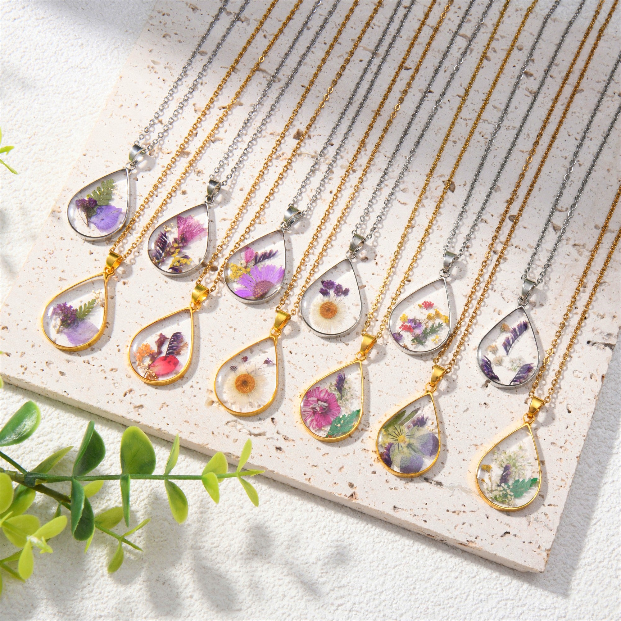 Gold/Silver Birth Month Flower Necklace,Real Dried Flower Teardrop Necklace
