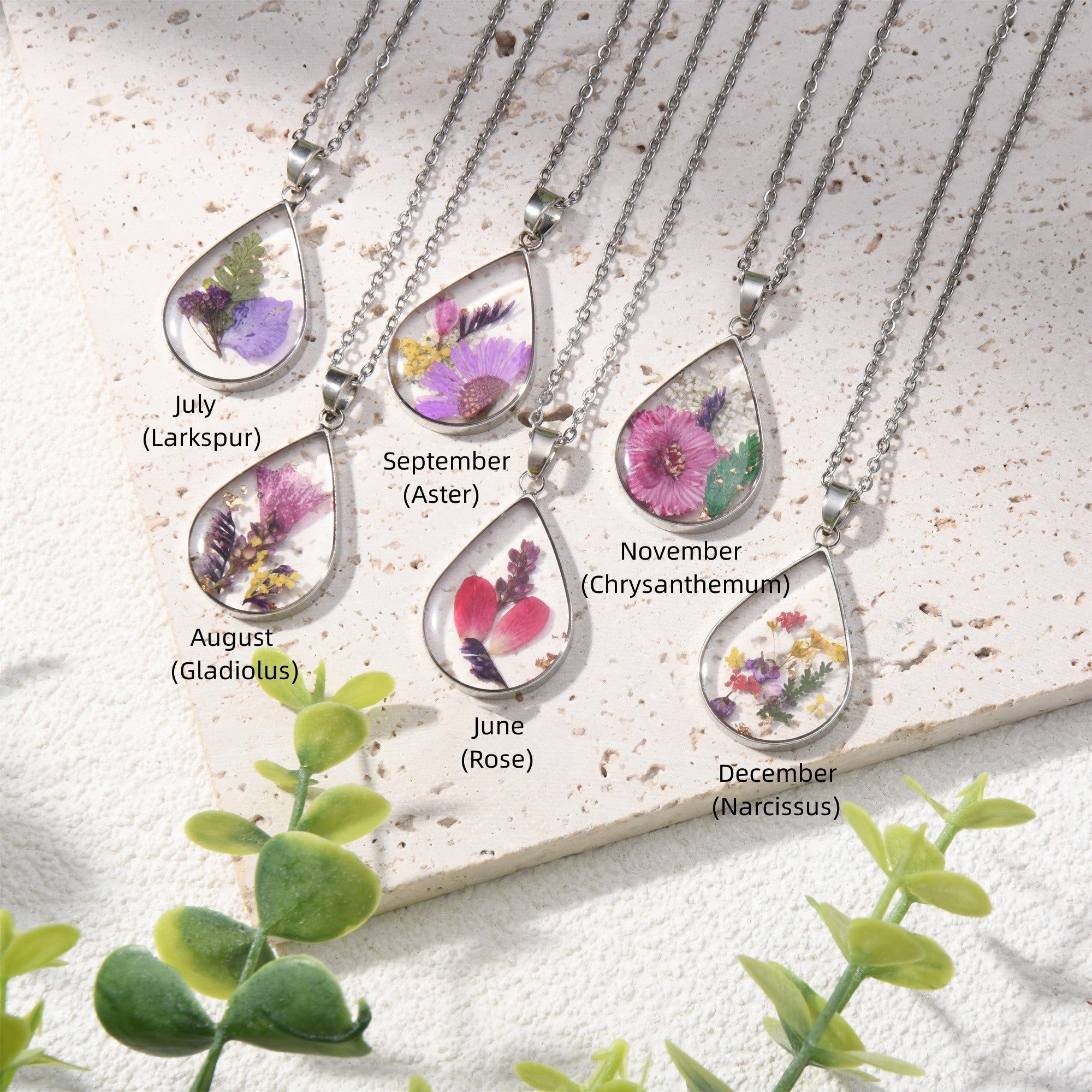 Gold/Silver Birth Month Flower Necklace,Real Dried Flower Teardrop Necklace