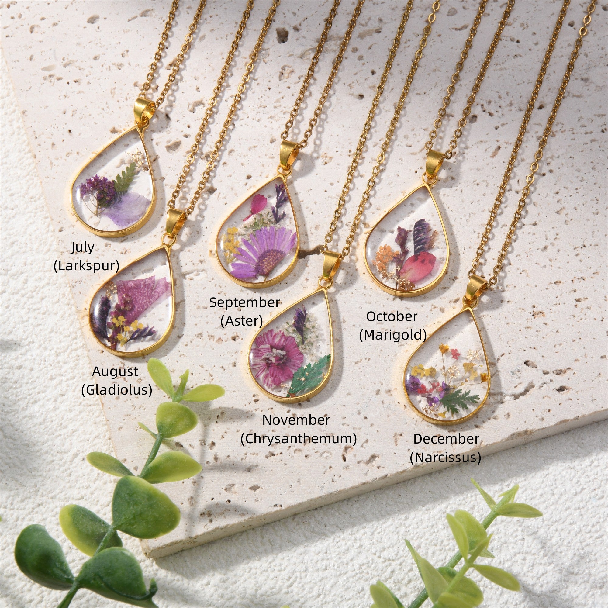 Gold/Silver Birth Month Flower Necklace,Real Dried Flower Teardrop Necklace