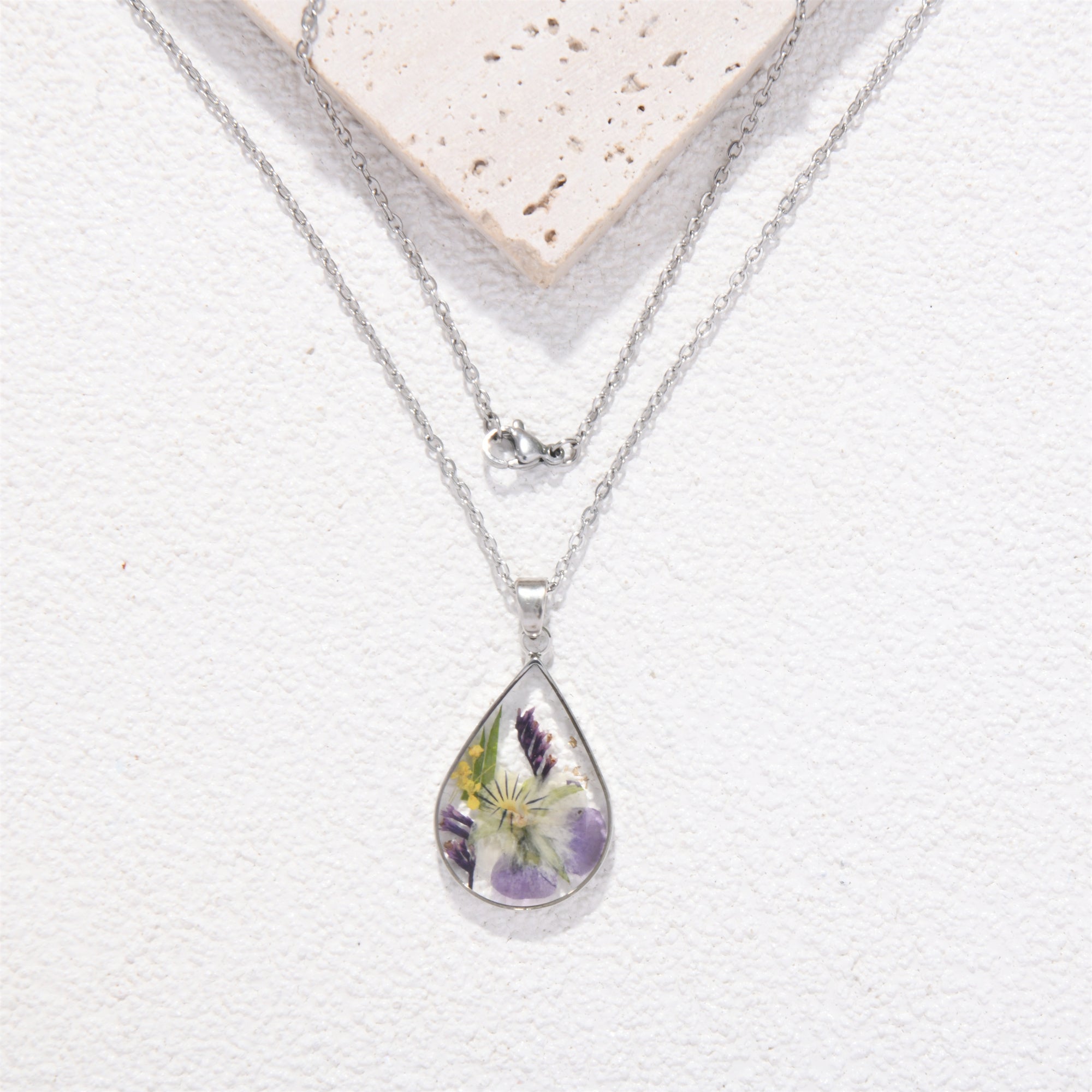 Gold/Silver Birth Month Flower Necklace,Real Dried Flower Teardrop Necklace