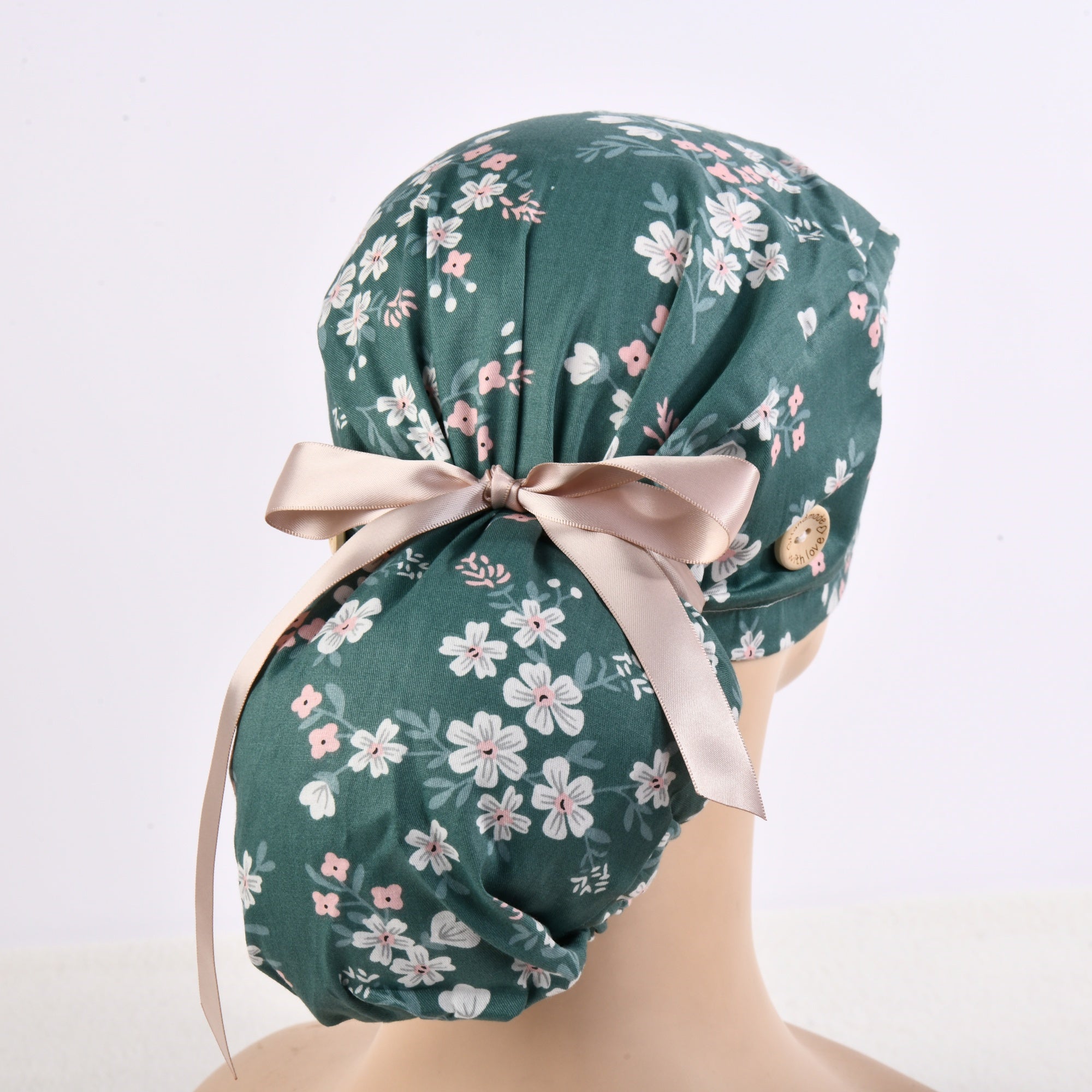 Green Floral Cotton Ponytail Scrub Cap