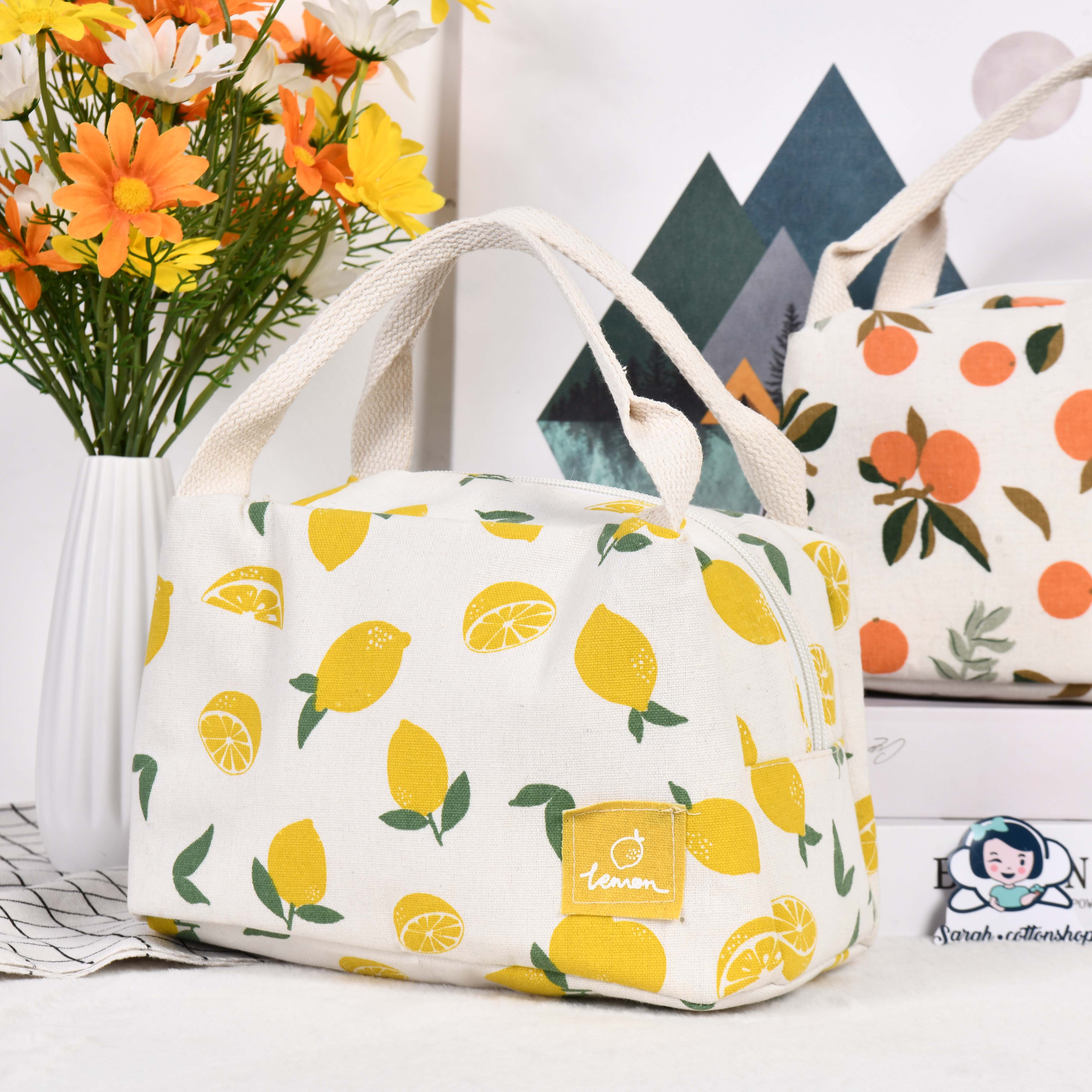 Size M Orange/Avocado/Lemon/Peach Cotton Linen Insulated Lunch Bag, Premium Quality Zipper Bag, Back to School