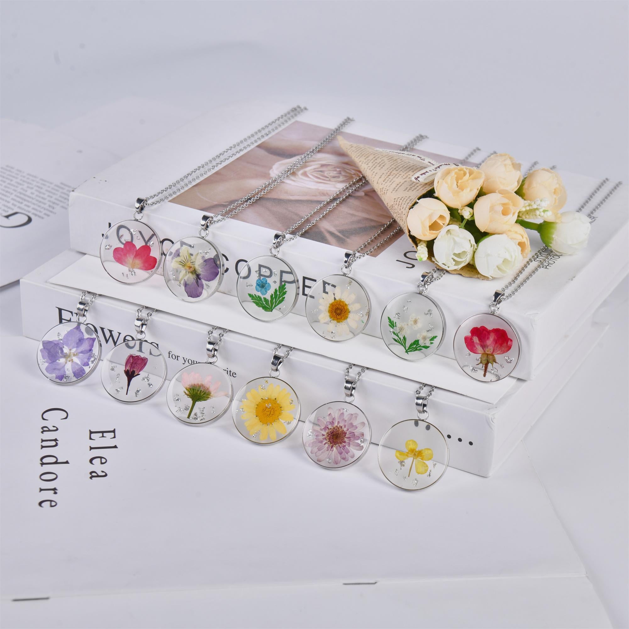 Silver Birth Month Flower Necklace,Real Dried Flower Round Necklace