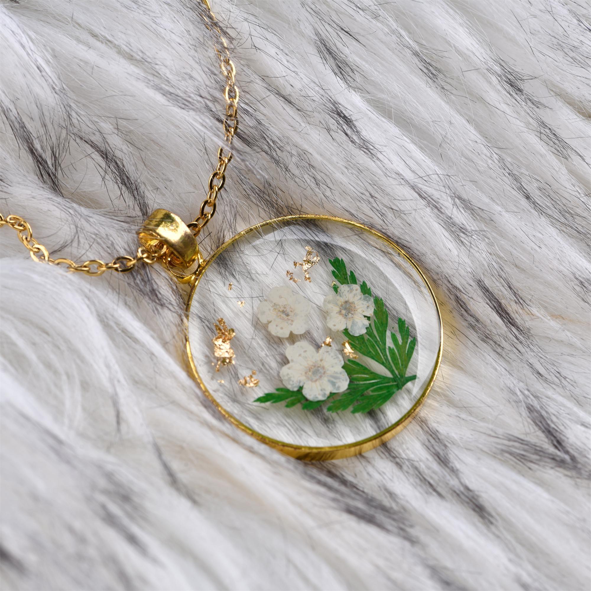 Gold Birth Month Flower Necklace,Real Dried Flower Round Necklace for Birthday Gift