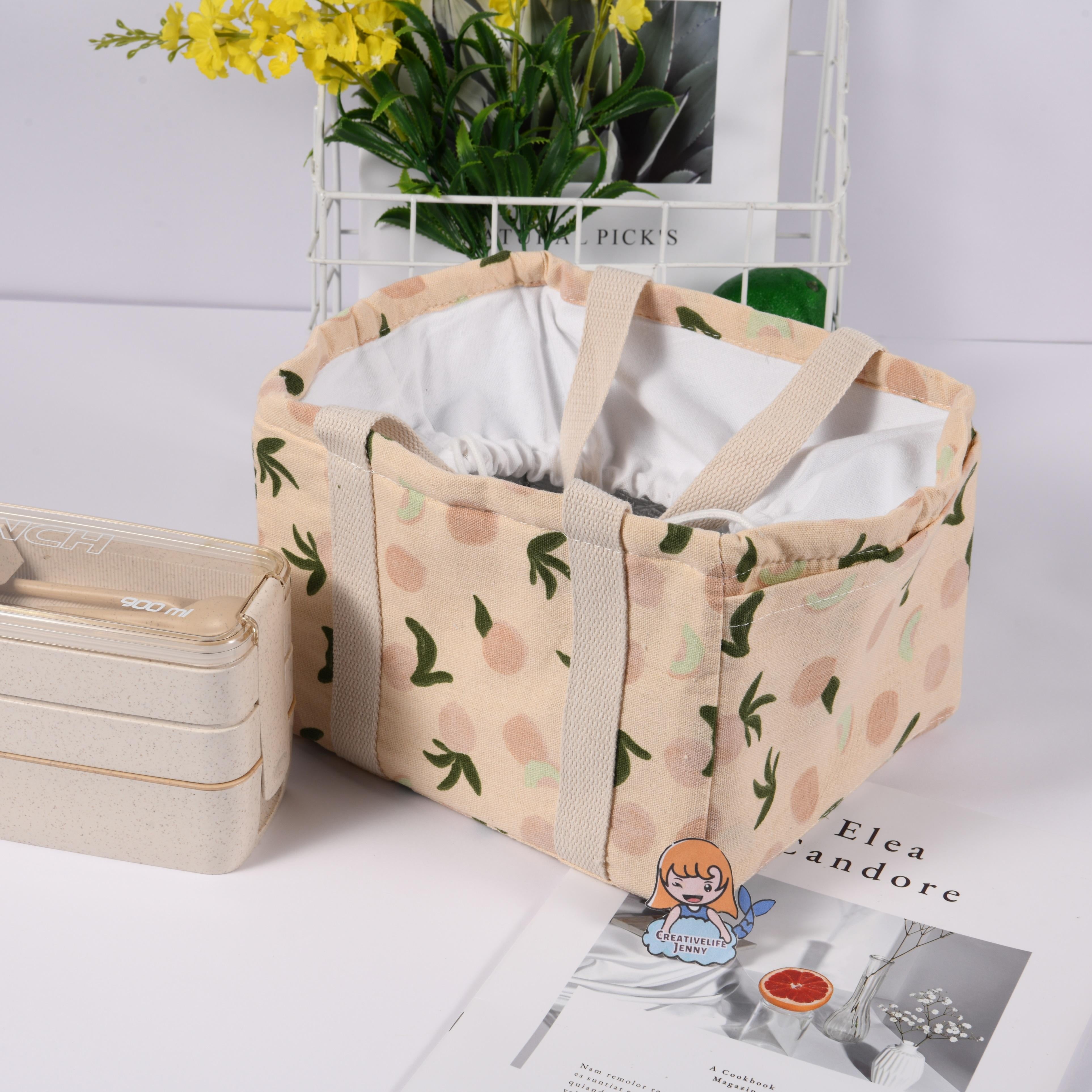Handmade XL Orange/Avocado/Lemon/Peach Cotton Linen Insulated Lunch Bag,Drawstring Tote, Back to School