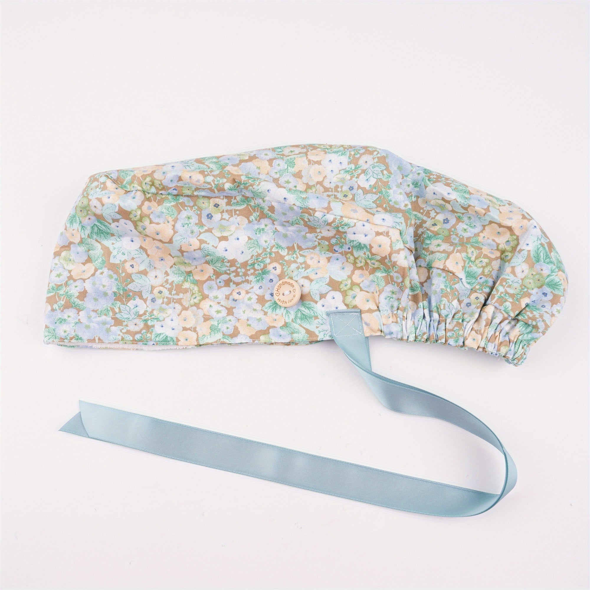 Spring Blue Brown Floral Cotton Hair Cap Scrub Cap with Ribbon, Cute Women Ponytail Scrub Cap,