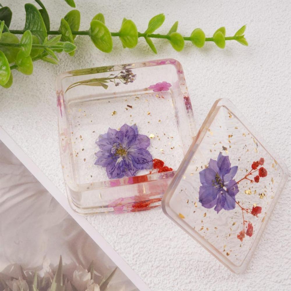 Square Real Flowers Resin Ring Holder, Floral Jewelry Box