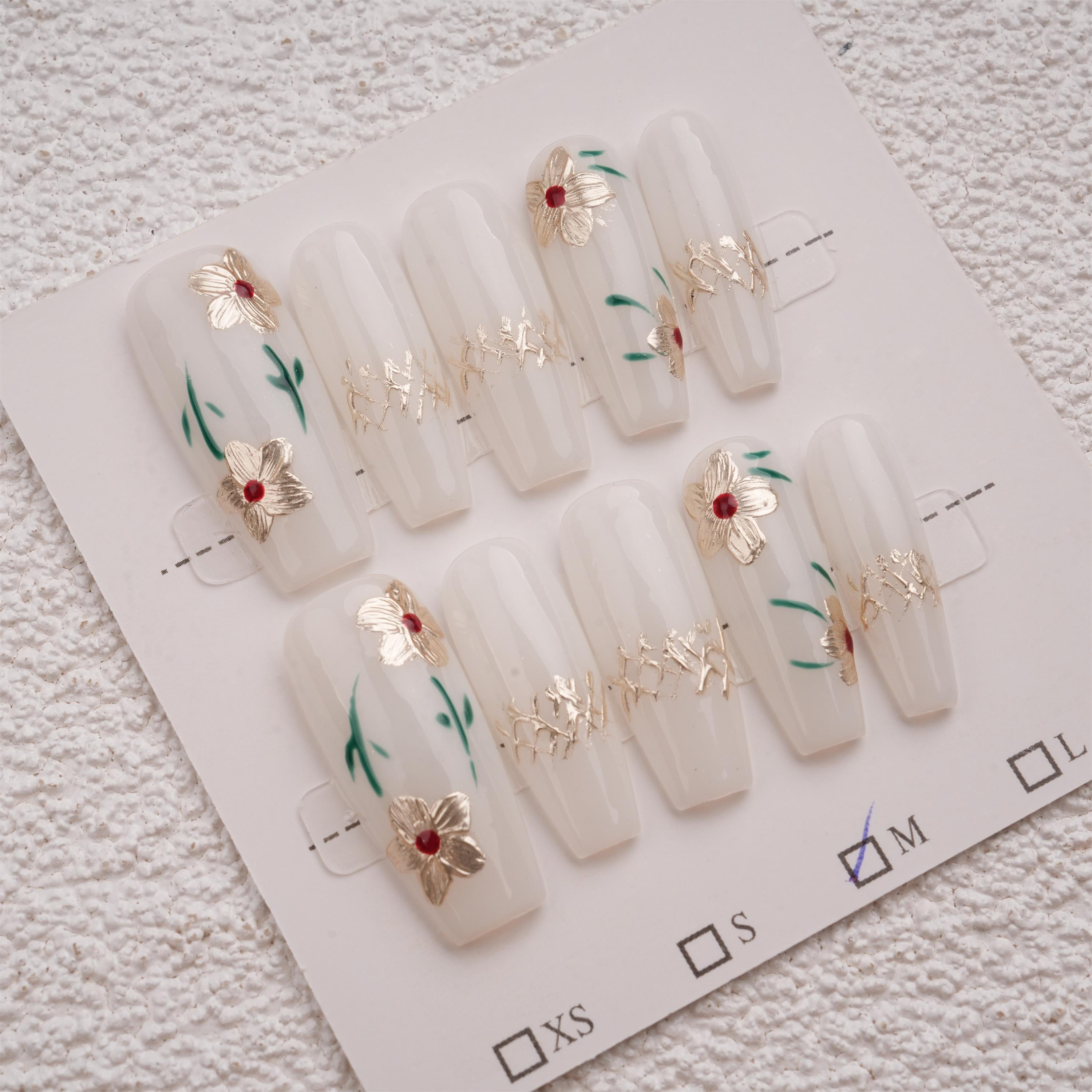 White and Gold Flower Press On Nails, Long Coffin Shape