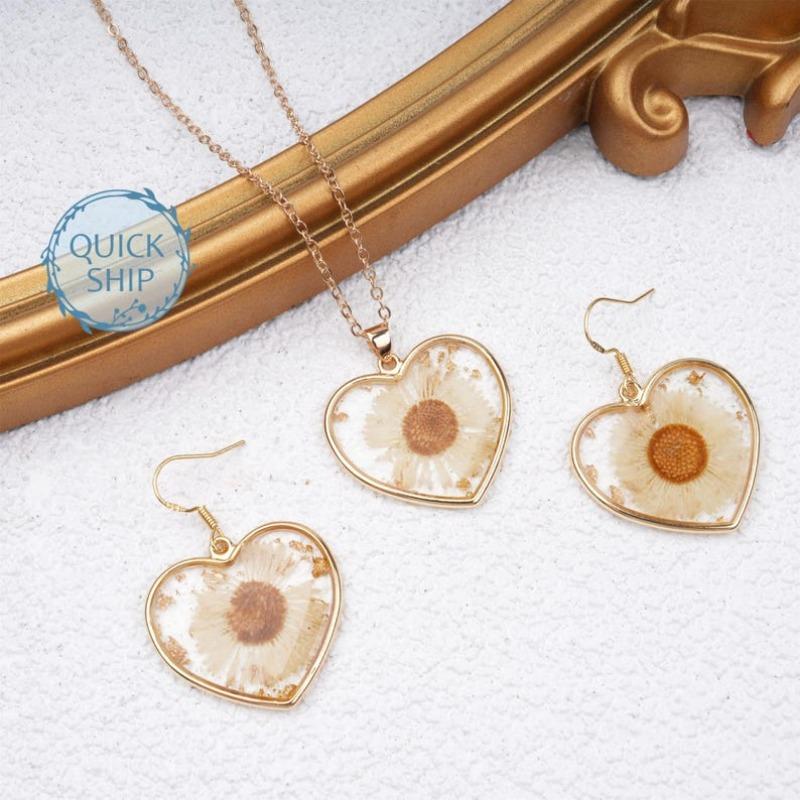 Handmade Real Dried Flower Earrings & Necklaces Set, Heart Shape White Daisy Jewelry, Aesthetic Birthday Gift,Valentine's Day Gifts