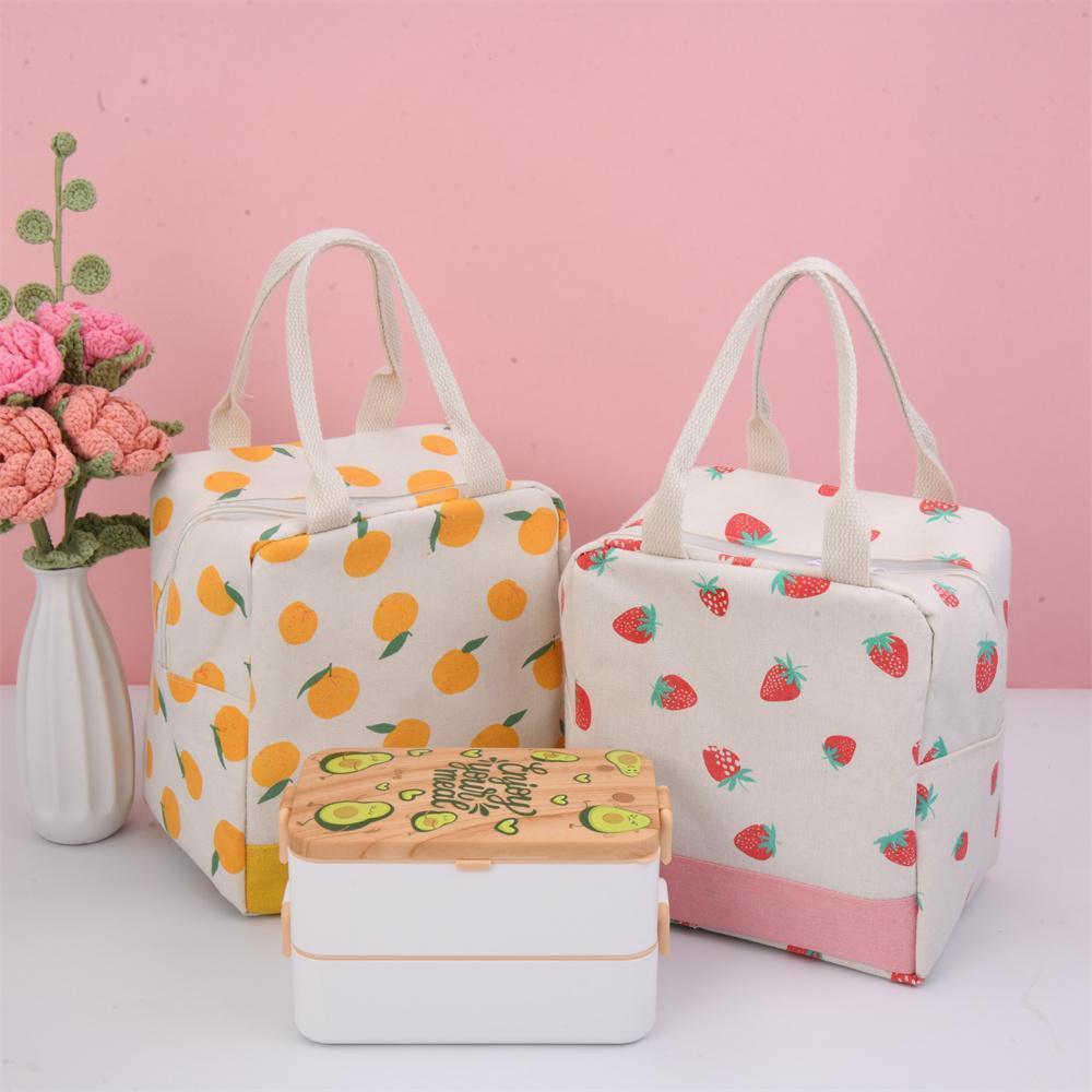 Orange Strawberry Apple Pear Cotton Linen Insulated Lunch Bag, Premium Quality Drawstring Bag, Back to School