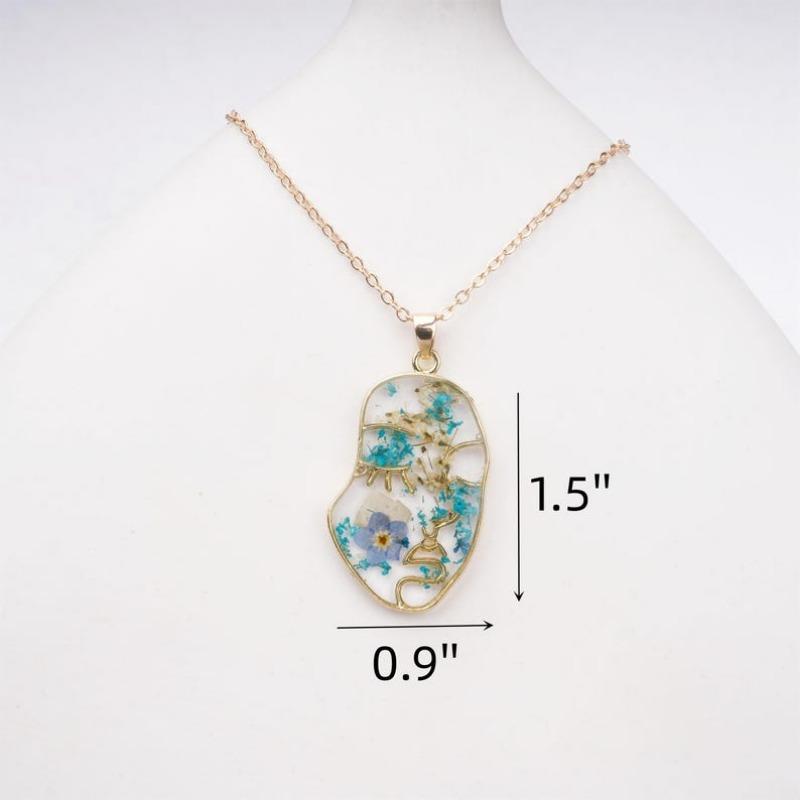 Handmade Blue Forget Me Not Gold Plated Earrings&Necklaces,Creative Real Dried Flower Jewelry Set with Face, Aesthetic Birthday/Valentine's Day Gifts