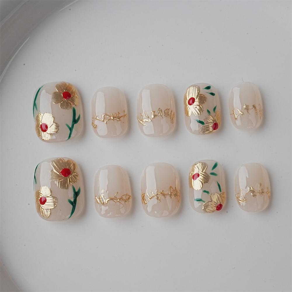 Hand Painted Golden Flowers Press On Nails,Elegant Floral Design For Wedding,Party,Prom