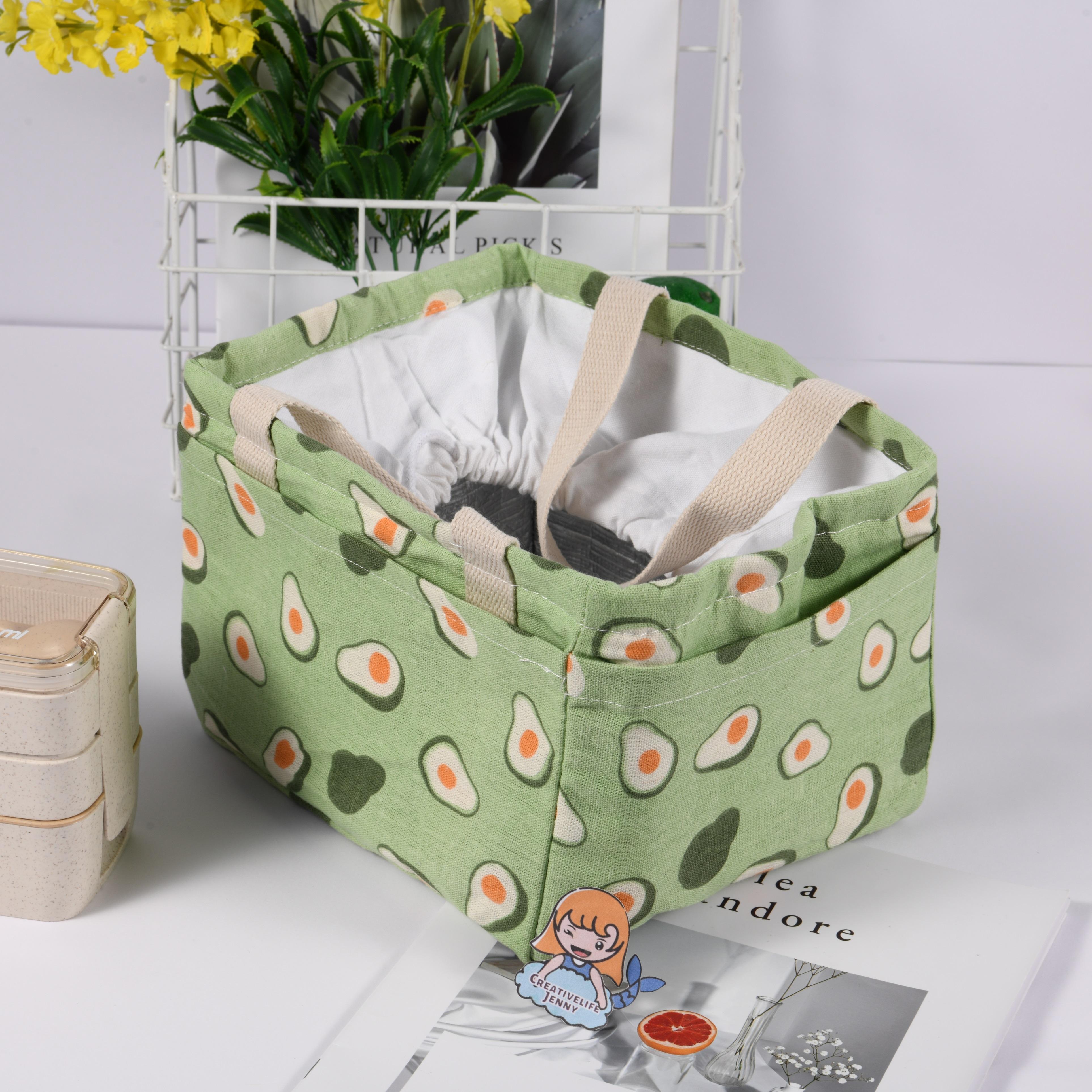 Handmade XL Orange/Avocado/Lemon/Peach Cotton Linen Insulated Lunch Bag,Drawstring Tote, Back to School
