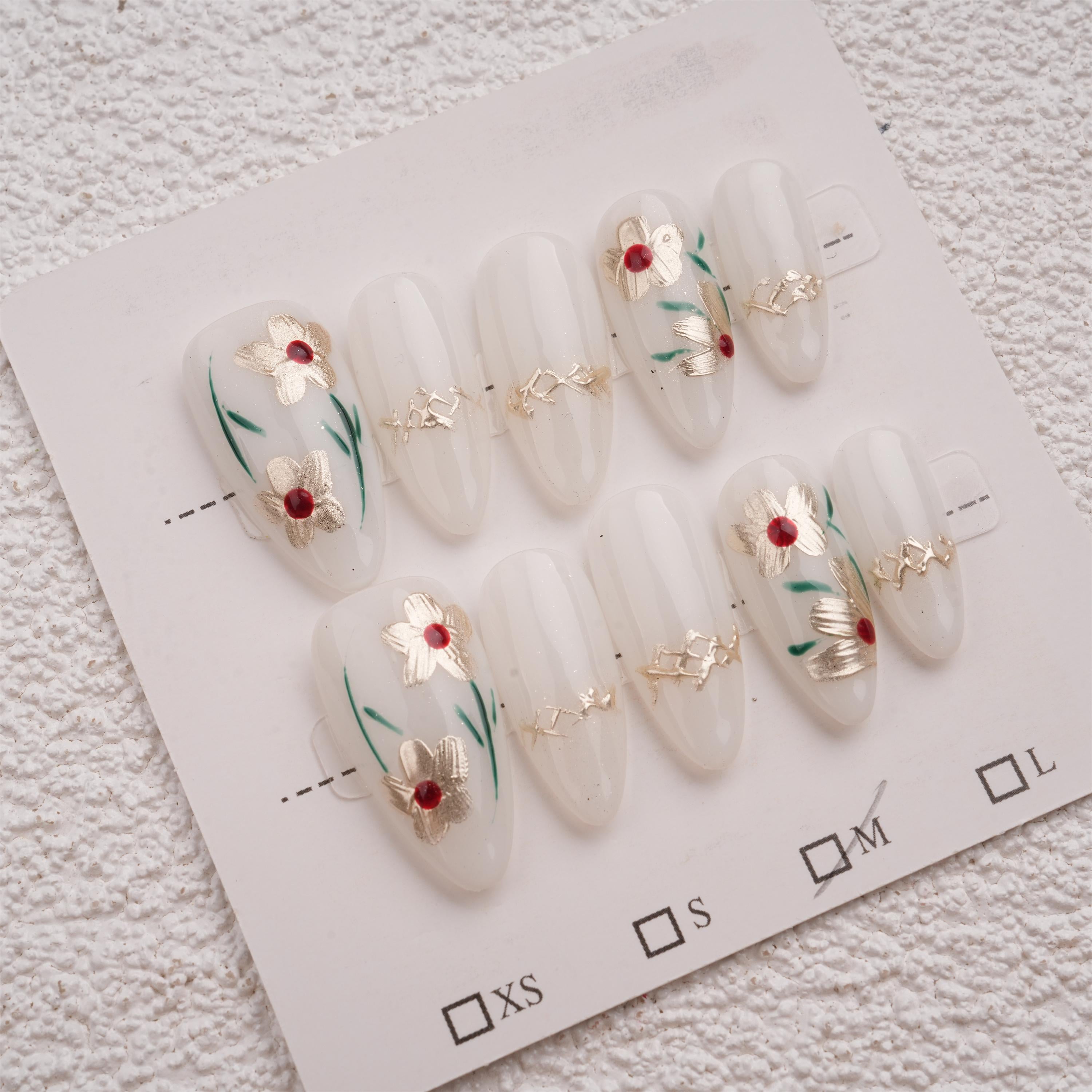 Gold Flowers Almond Fake Nails,10pcs Hand Painted, Jewelry Manicure with Fancy Design,Birthday/Mother's Day Gifts