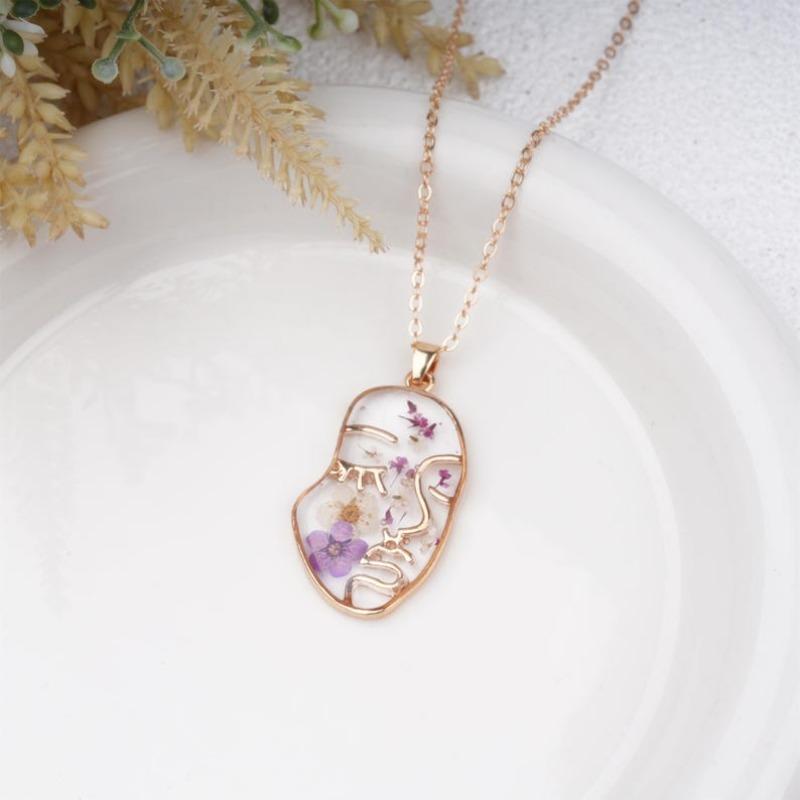 Handmade Purple Forget Me Not Gold Plated Earrings&Necklaces,Creative Real Dried Flower Jewelry Set with Face, Birthday/Christmas Gift
