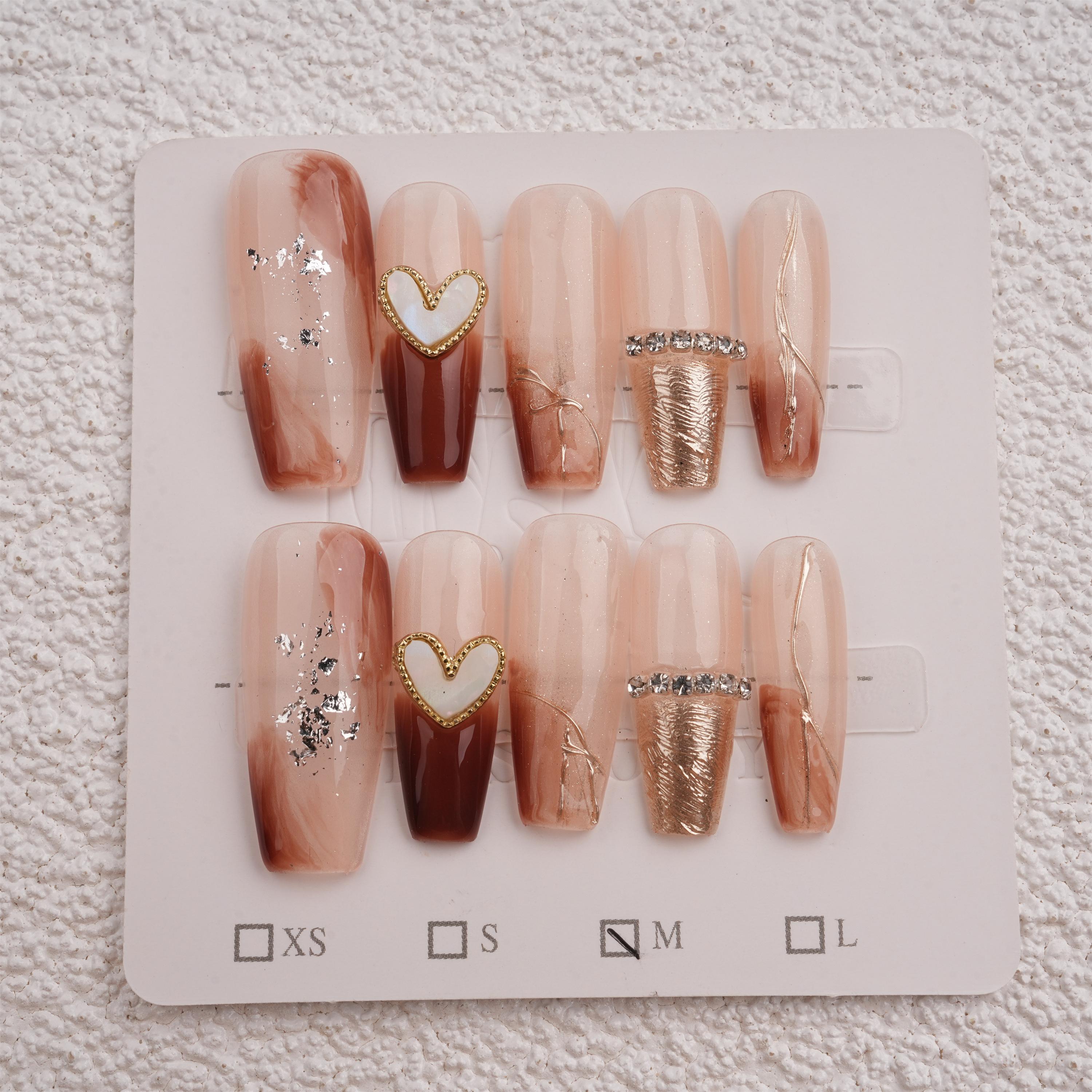 Elegant Handmade Blooming Amber Heart Press On Nails,Reusable