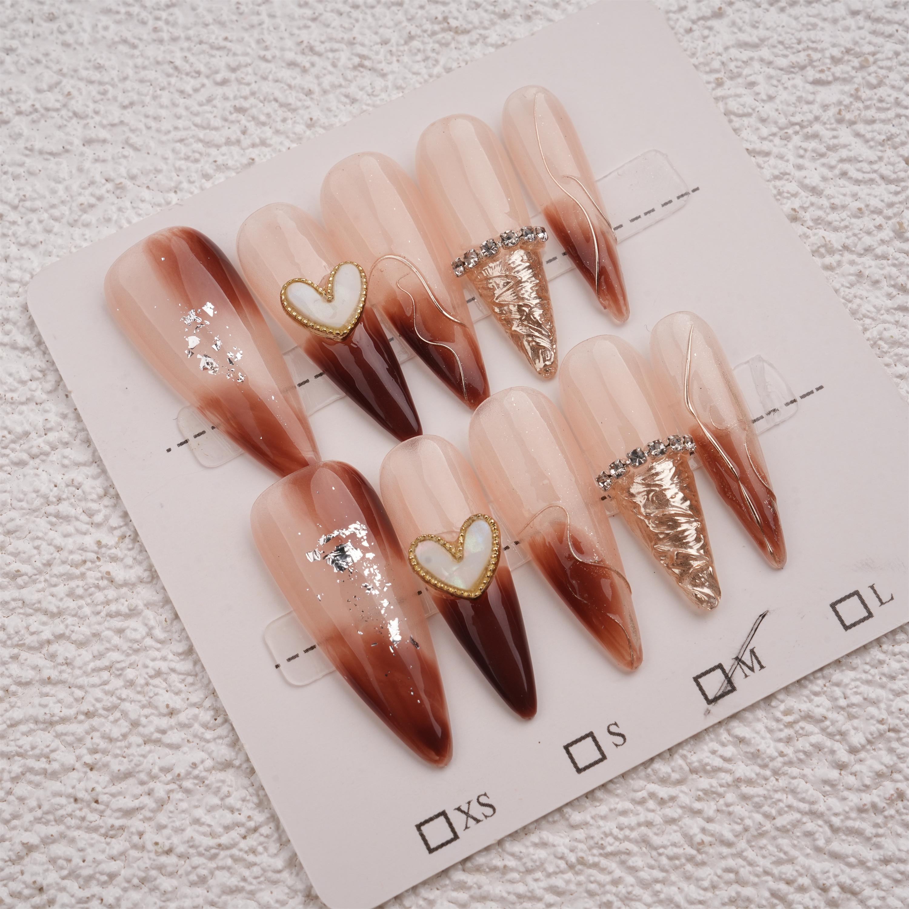 Sparking Hand Painted Golden Swirl Lines Press On Nails,Long Stiletto,Reusable Premium Manicure