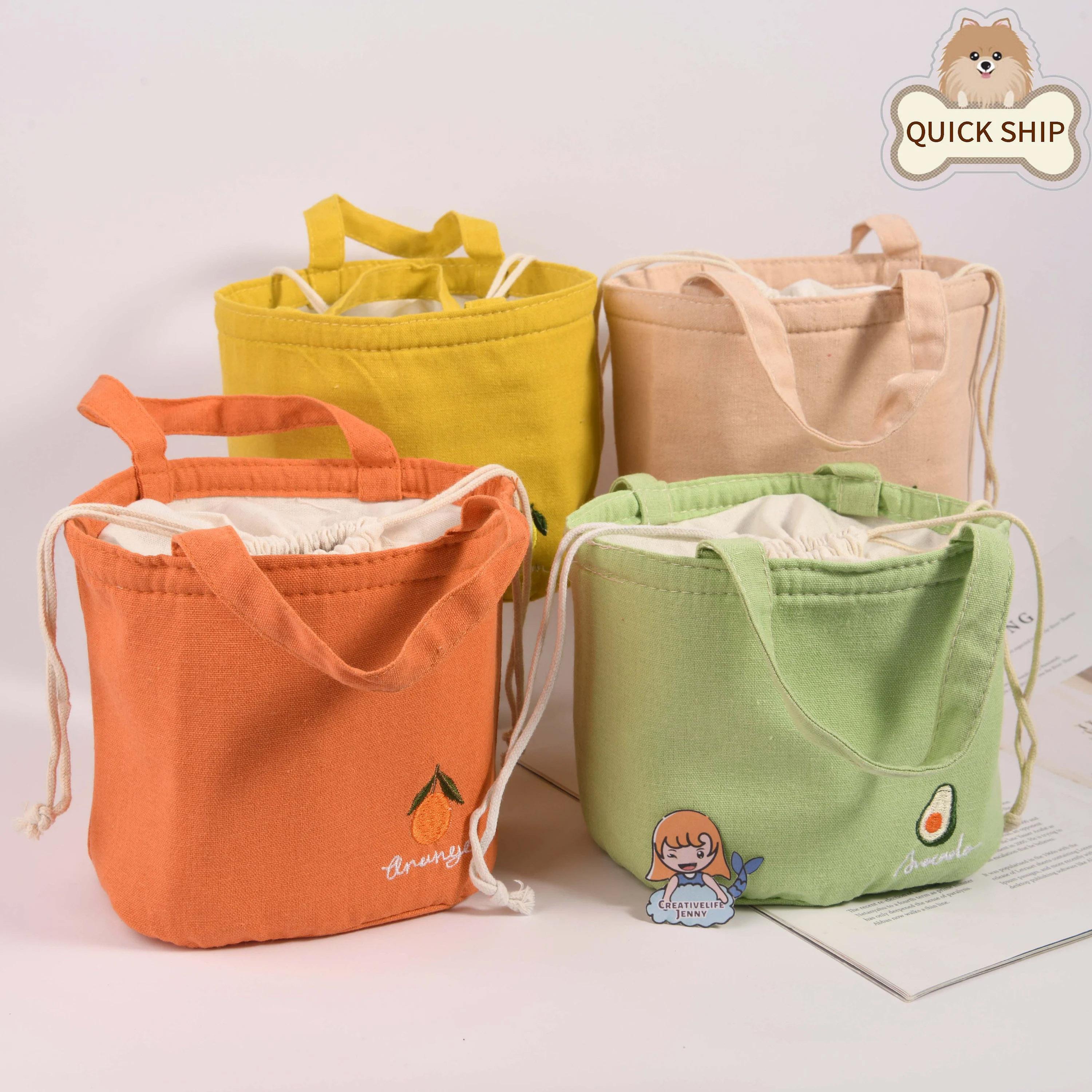 Orange/Avocado/Lemon/Peach Round Cotton Linen Insulated Lunch Bag, Premium Quality Drawstring Bag, Back to School