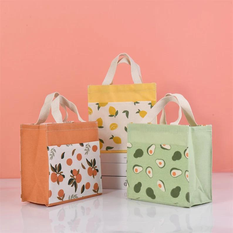 Size M Lemon/Avocado/Orange Linen Canvas Tote, Fruit Lunch Totes, Back to School