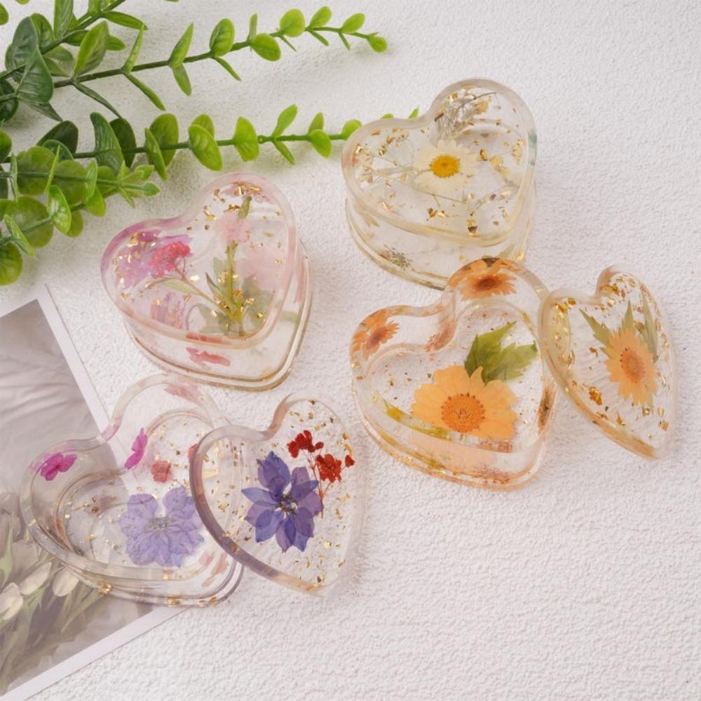 Real Flowers Heart Shaped Ring Dish, Cute Resin Tray