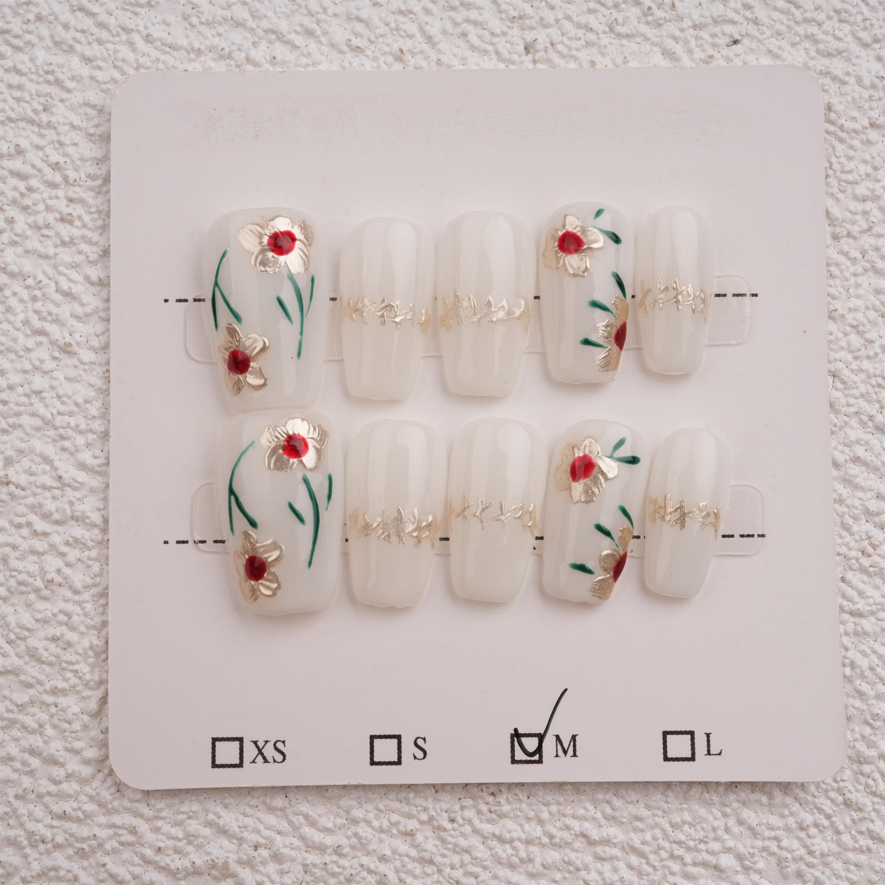 Handmade White Golden Floral Press On Nails,Short Coffin,Cute Fancy Manicure,Birthday,Mother's Day Gifts