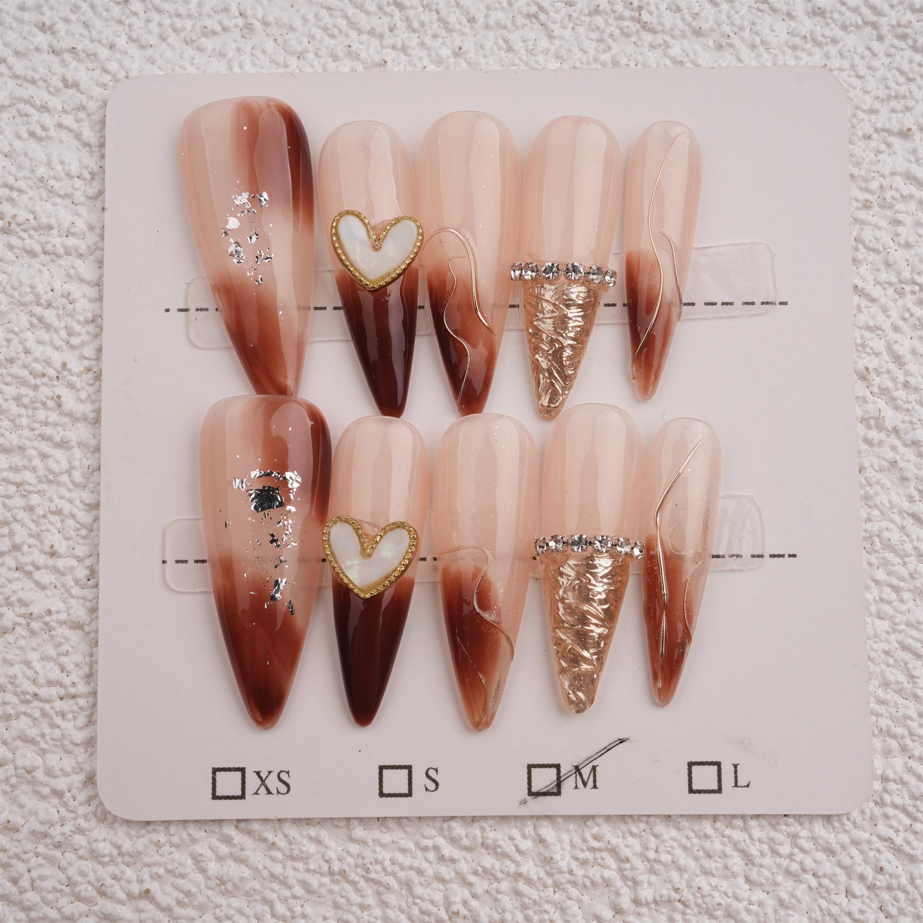 Sparking Hand Painted Golden Swirl Lines Press On Nails,Long Stiletto,Reusable Premium Manicure