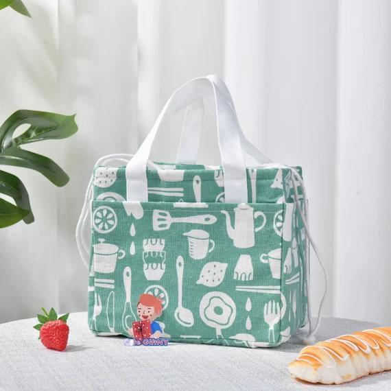 Handmade XL Pink Strawberry/Green Tableware Print Drawstring Lunch Bag w/Side Pockets