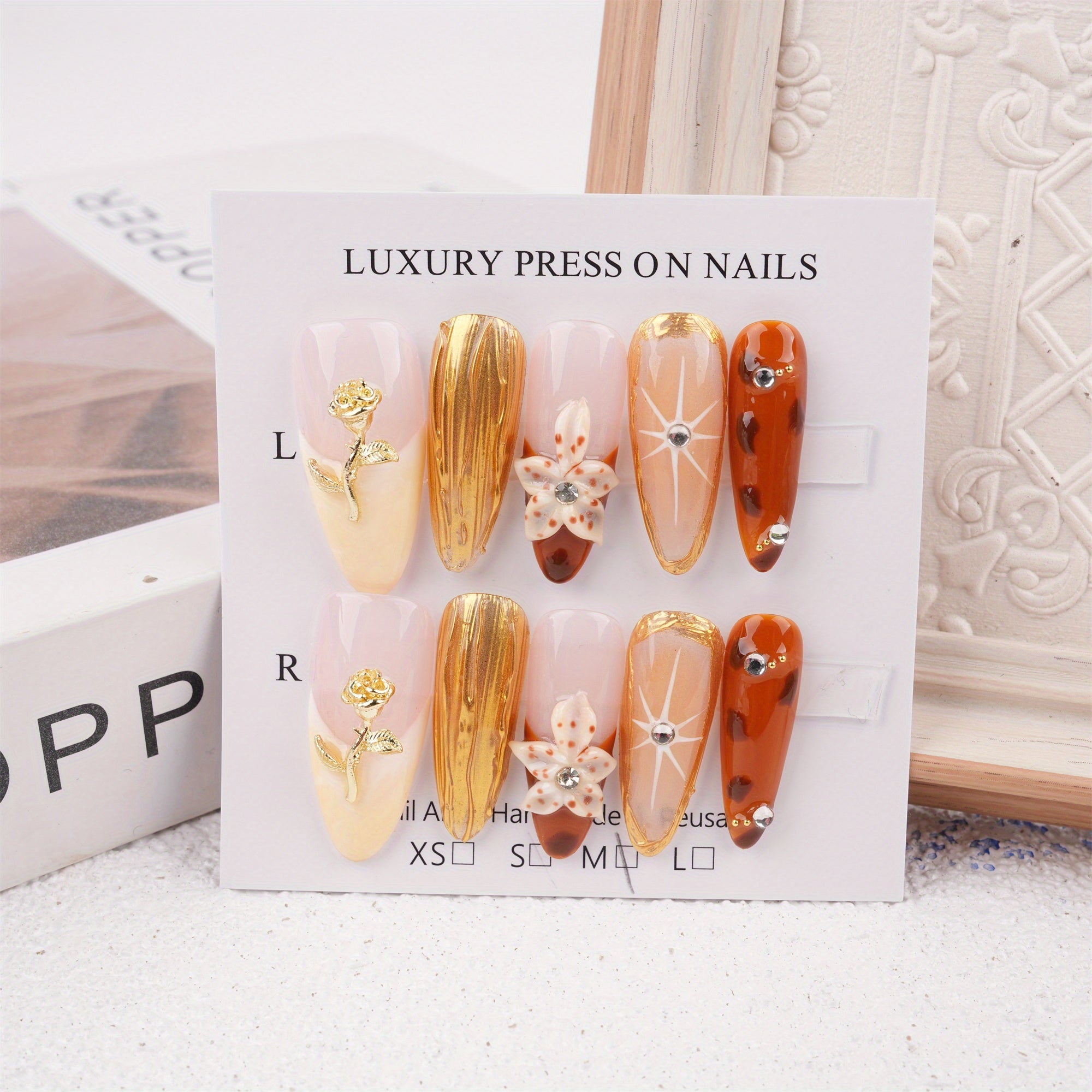 Metallic Rose and Lily Press on Nails, Floarl Pattern Reusable Coffin Manicure, Birthday Party Gift