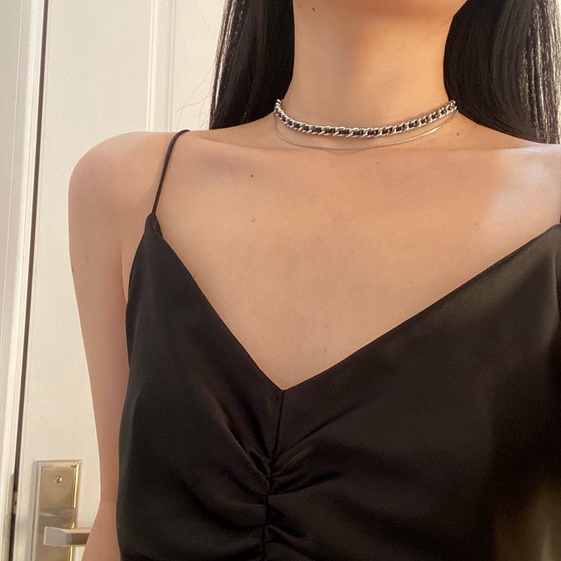 PU leather double-layer necklace retro simple temperament versatile collarbone chain neck chain OT buckle