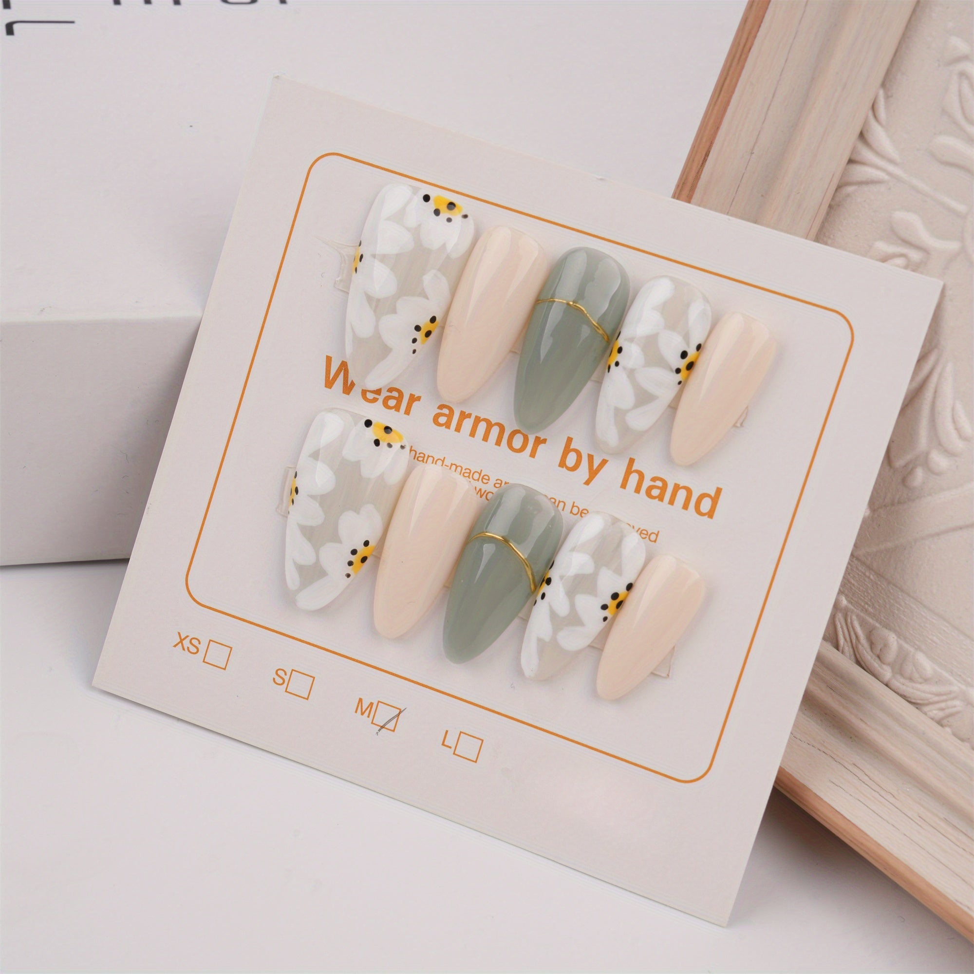 White Daisy Flowers French Style Almond Press on Nails/Faux Acrylic Nails/ Gel Nails