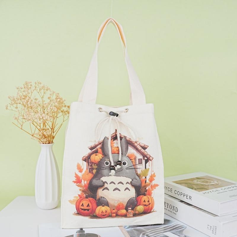 Totoro Pumpkin Canvas Drawstring Lunch Bag, Reusable Halloween Lunch Bag
