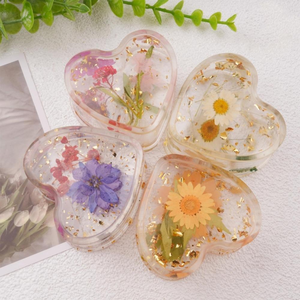Real Flowers Heart Shaped Ring Dish, Cute Resin Tray
