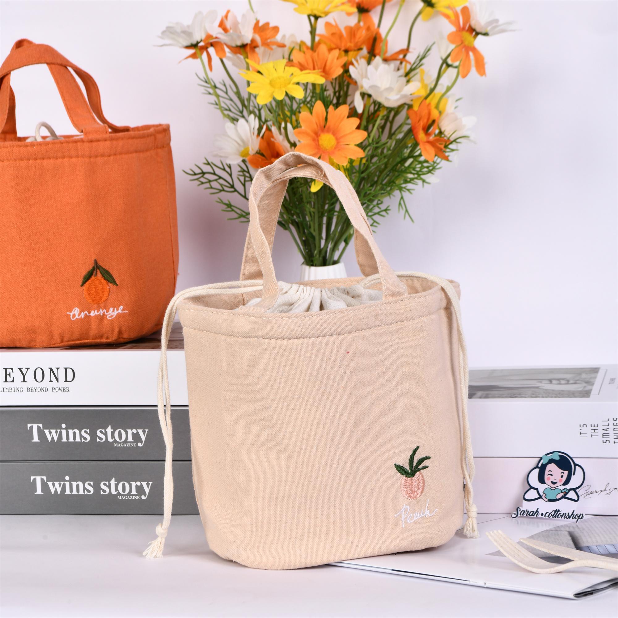 Orange/Avocado/Lemon/Peach Round Cotton Linen Insulated Lunch Bag, Premium Quality Drawstring Bag, Back to School