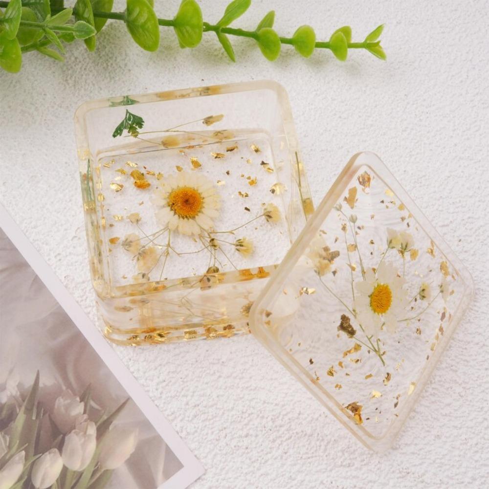 Square Real Flowers Resin Ring Holder, Floral Jewelry Box