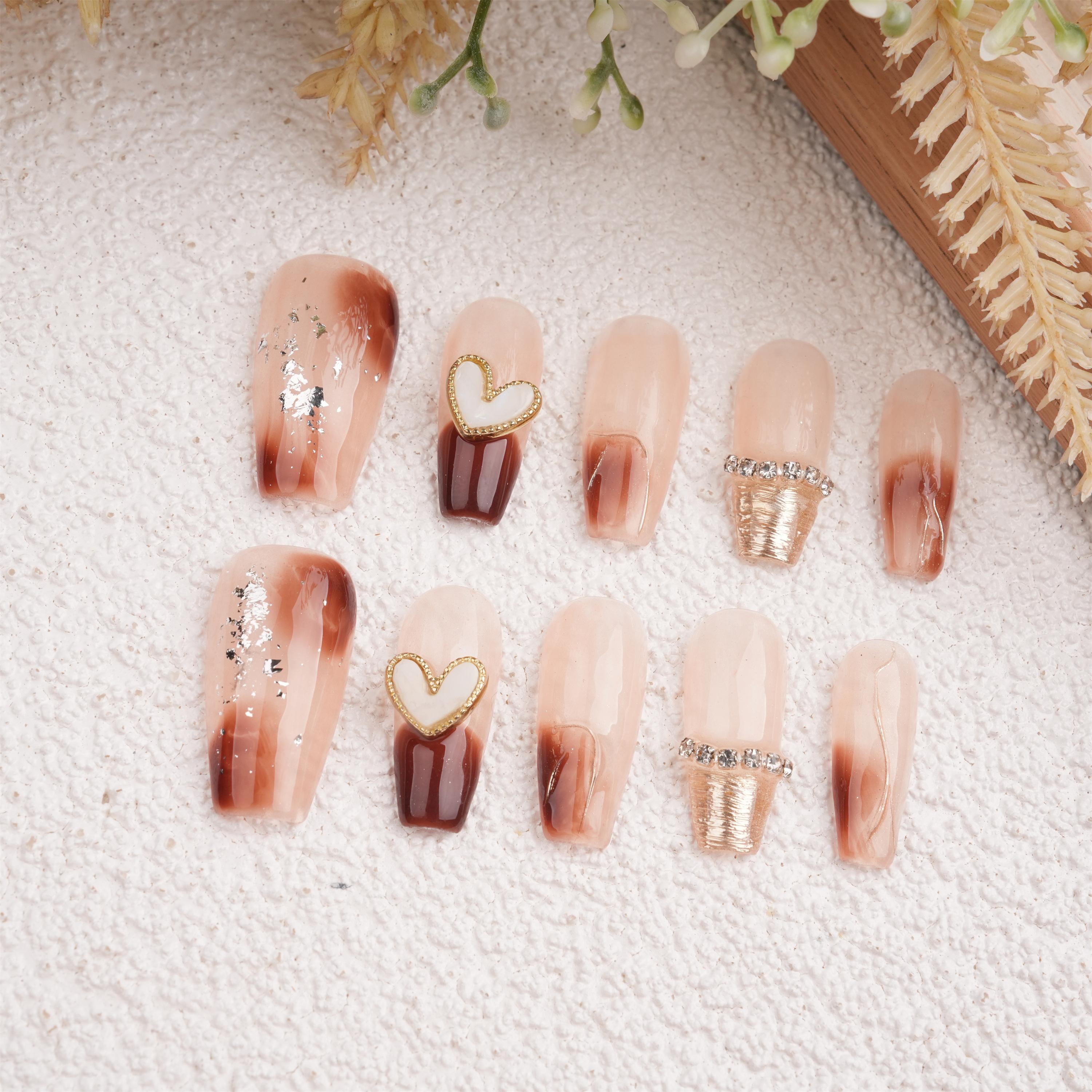 Handmade Heart Gold Foil Press on Nails,Medium Coffin