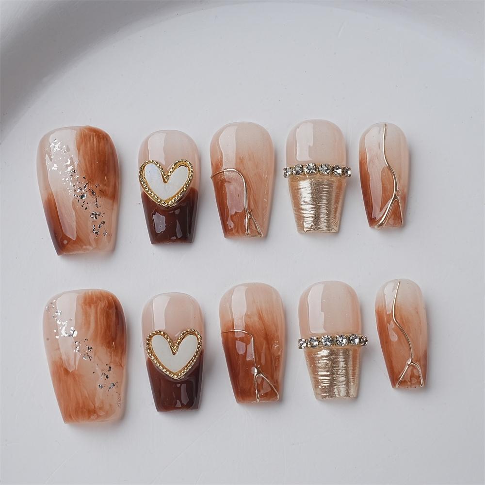 Elegant Handmade Blooming Amber Heart Press On Nails,Reusable