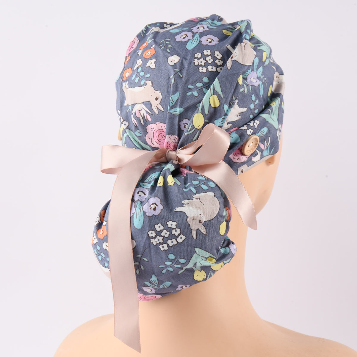 Floral & Rabbit Cotton Ponytail Surgical Scrub Cap