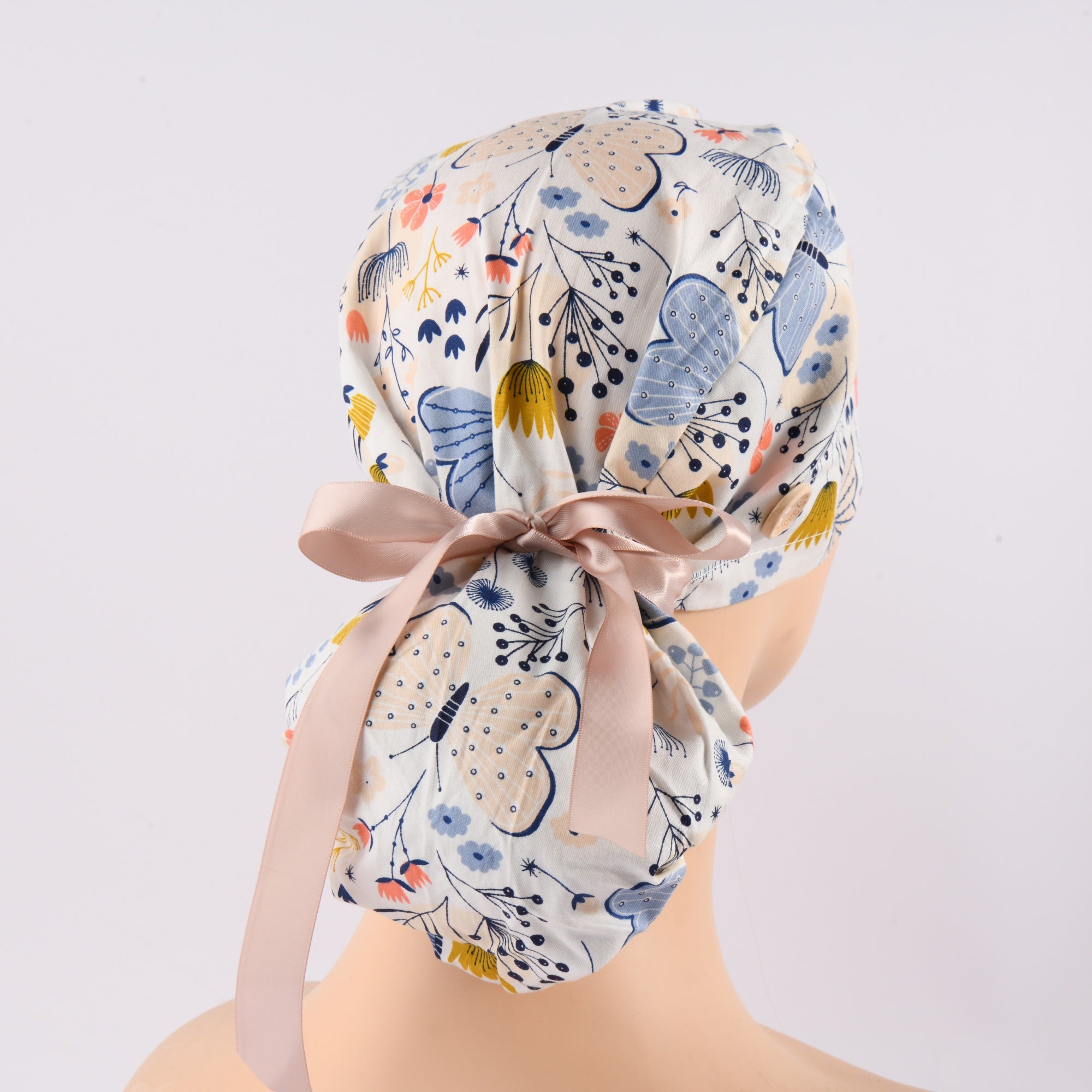 Cotton Ponytail Surgical Scrub Cap, Blue Butterfly on White Cotton