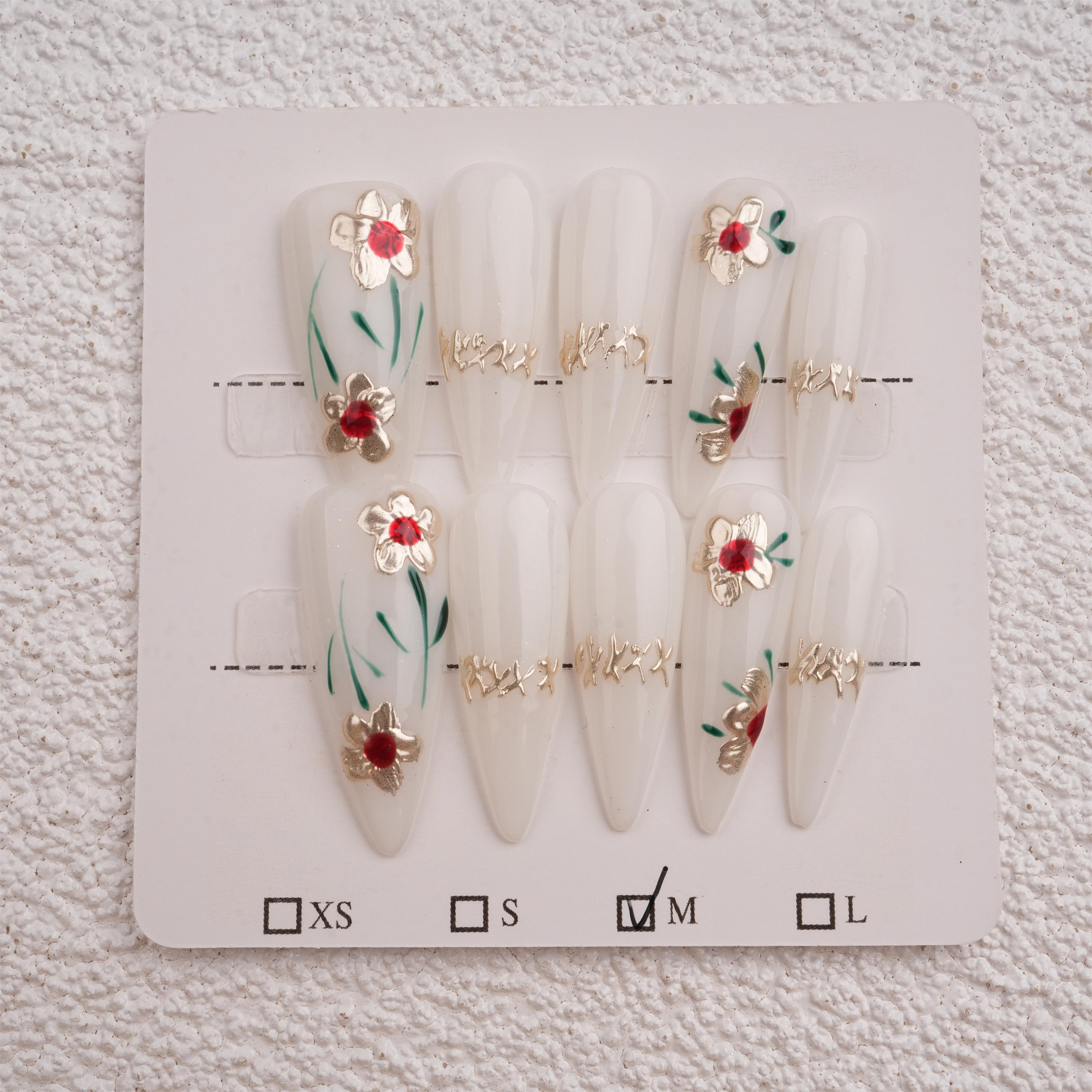 Hand Painted Golden Flowers Press On Nails,Elegant Floral Design For Wedding,Party,Prom