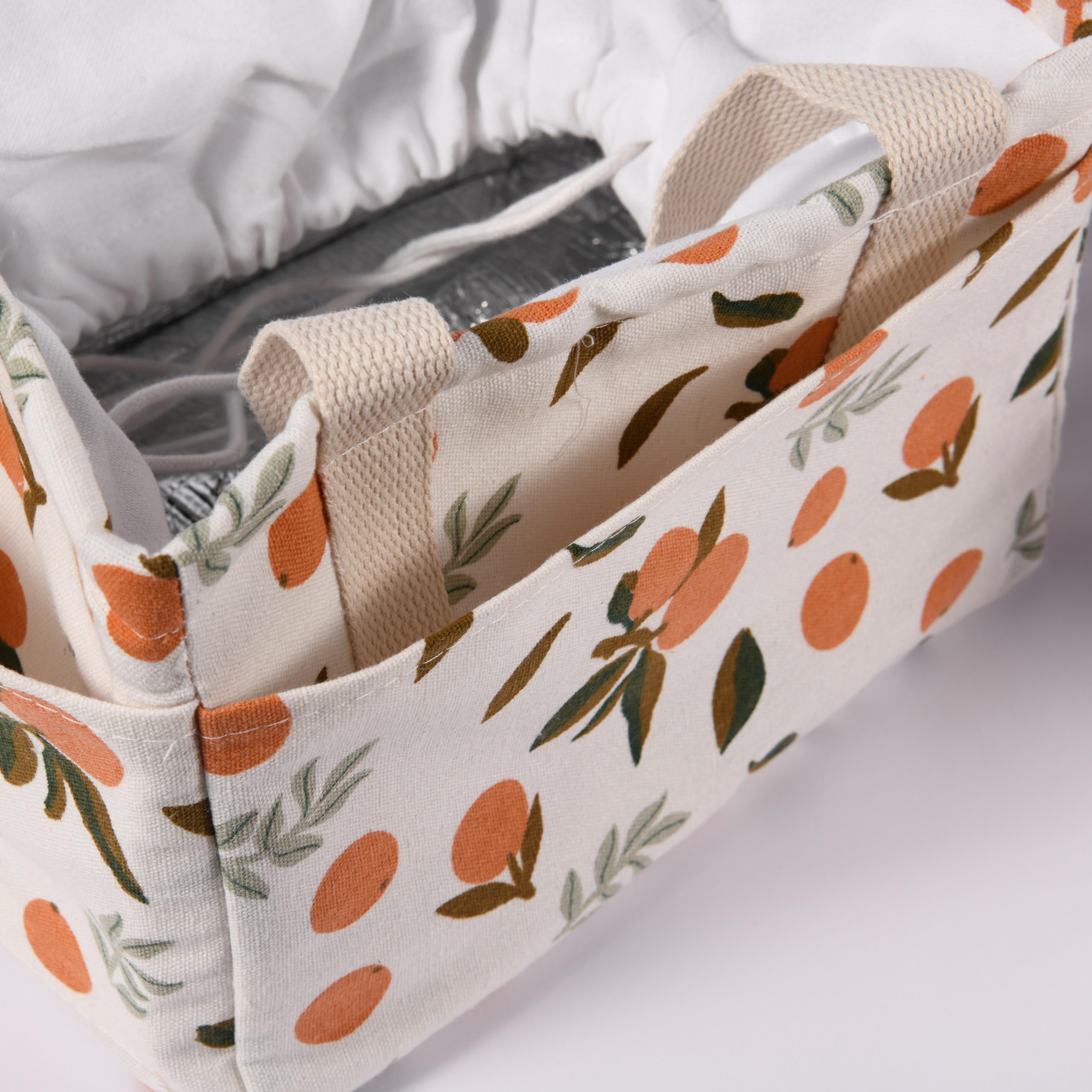 Handmade XL Orange/Avocado/Lemon/Peach Cotton Linen Insulated Lunch Bag,Drawstring Tote, Back to School