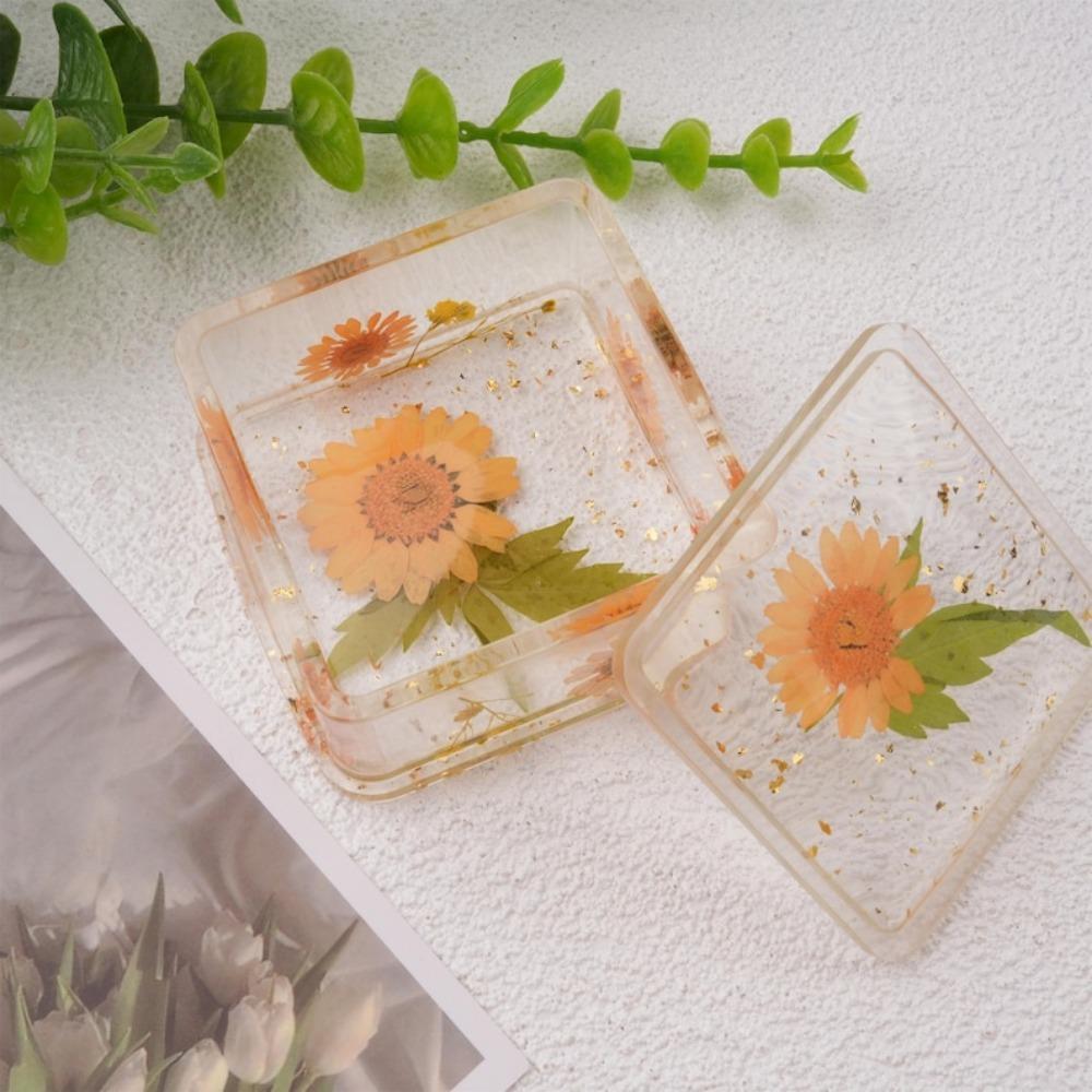 Square Real Flowers Resin Ring Holder, Floral Jewelry Box
