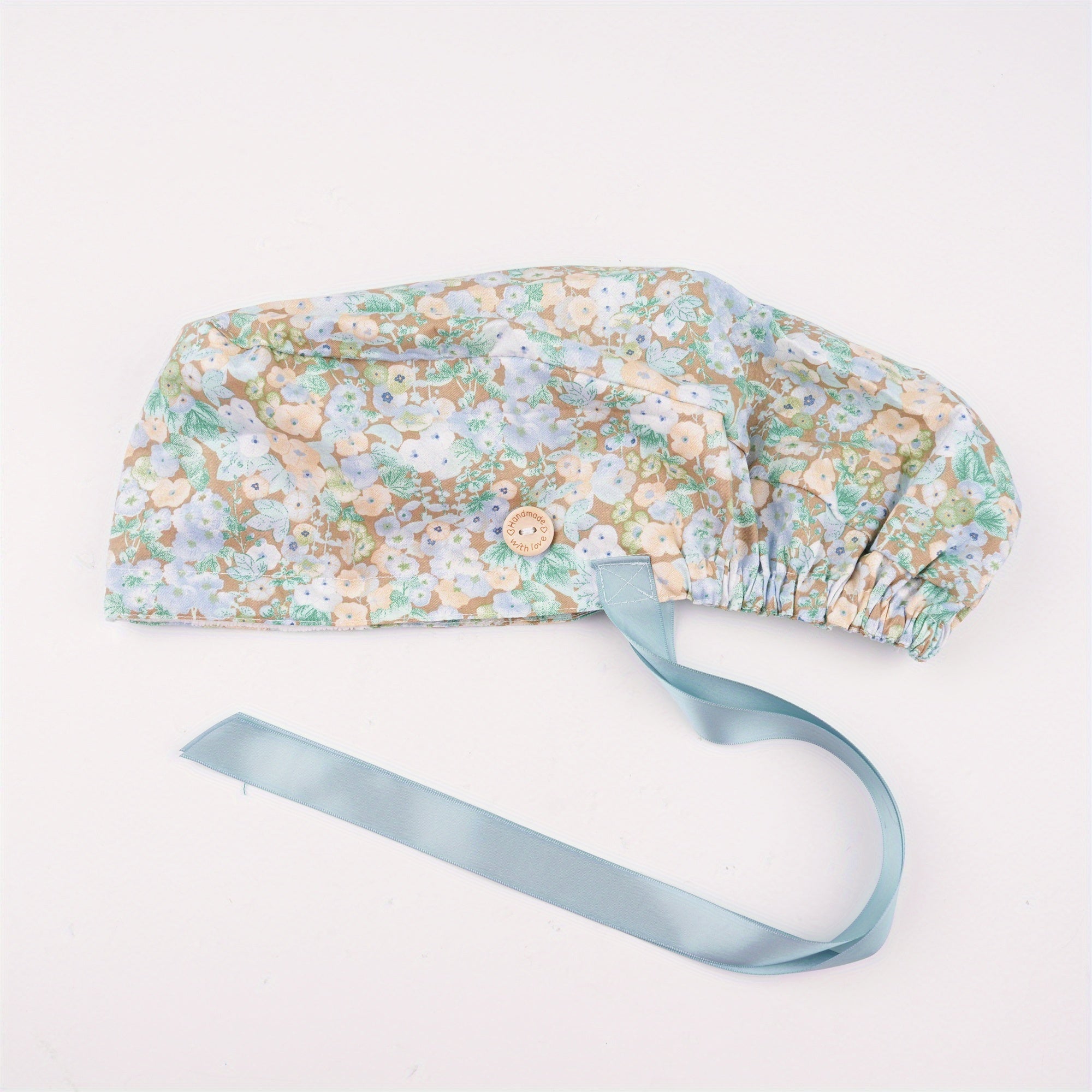 Spring Blue Brown Floral Cotton Hair Cap Scrub Cap with Ribbon, Cute Women Ponytail Scrub Cap,