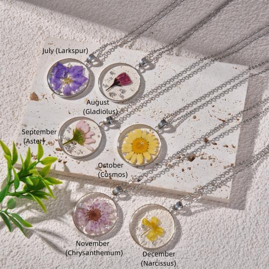 Silver Birth Month Flower Necklace,Real Dried Flower Round Necklace